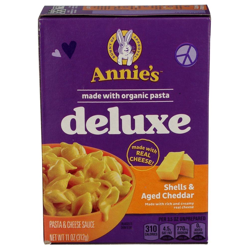 Annies Homegrown Organic Deluxe Rich and Creamy Shells and Aged Cheddar Macaroni and Cheese, 11 Ounce -- 12 per case
