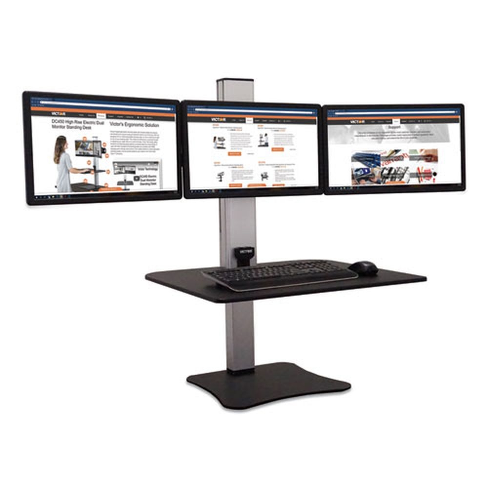Victor Black/Aluminum High Rise Electric Triple Monitor Standing Desk Workstation, 28 x 23 x 20 inch