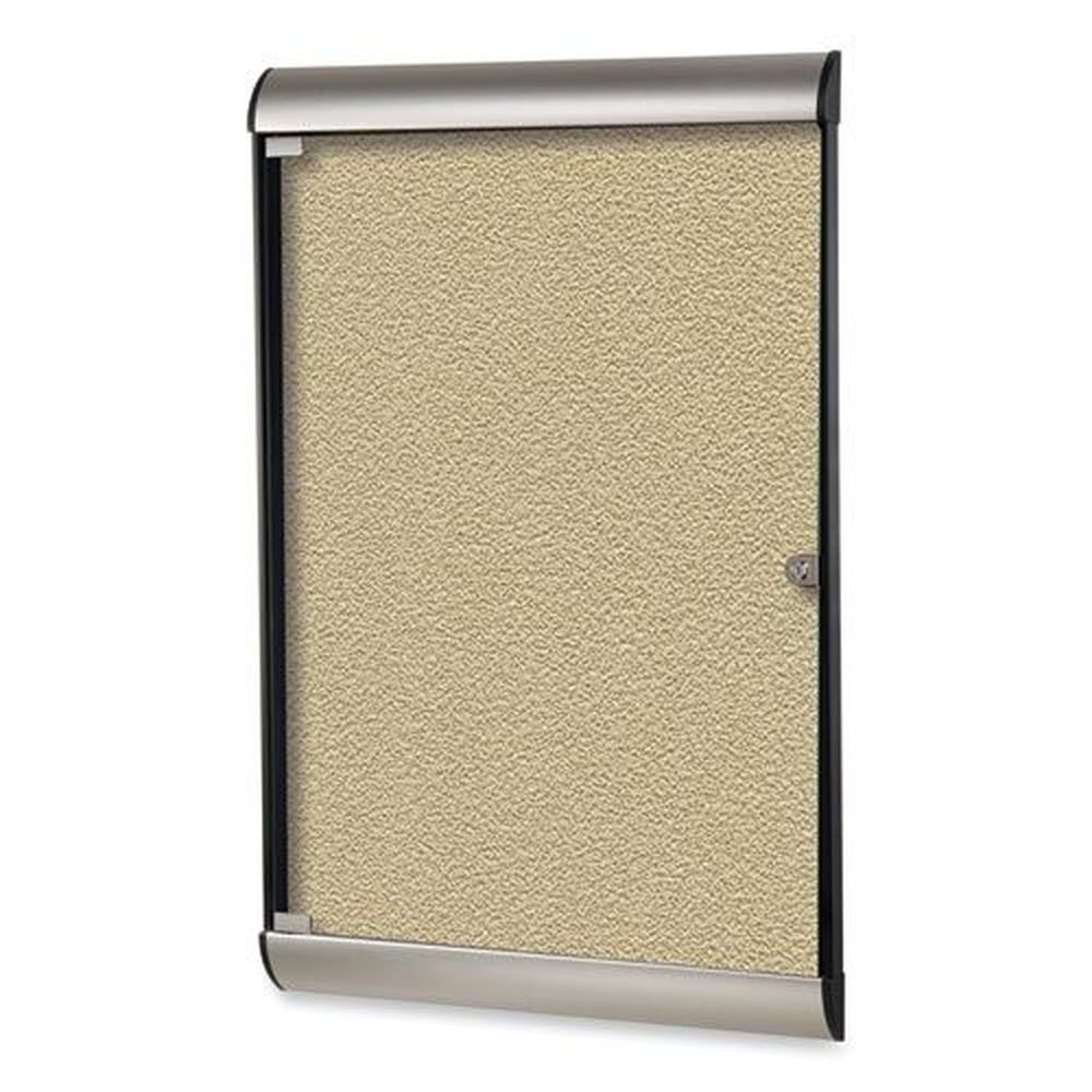 Ghent Silhouette 1 Door Enclosed Caramel Vinyl Bulletin Board with Satin and Black Aluminum Frame, 27.75 x 42.13 inch