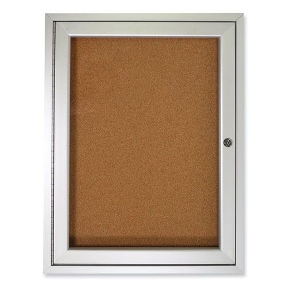 Ghent Tan Surface 1 Door Enclosed Natural Cork Bulletin Board with Satin Aluminum Frame, 36 x 36 inch