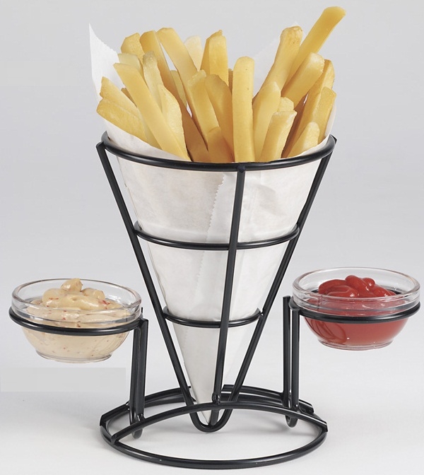 GET Enterprises Iron Powder Coated Black Fry Cone with 2 Condiment Holders, 5 inch Dia -- 12 per case