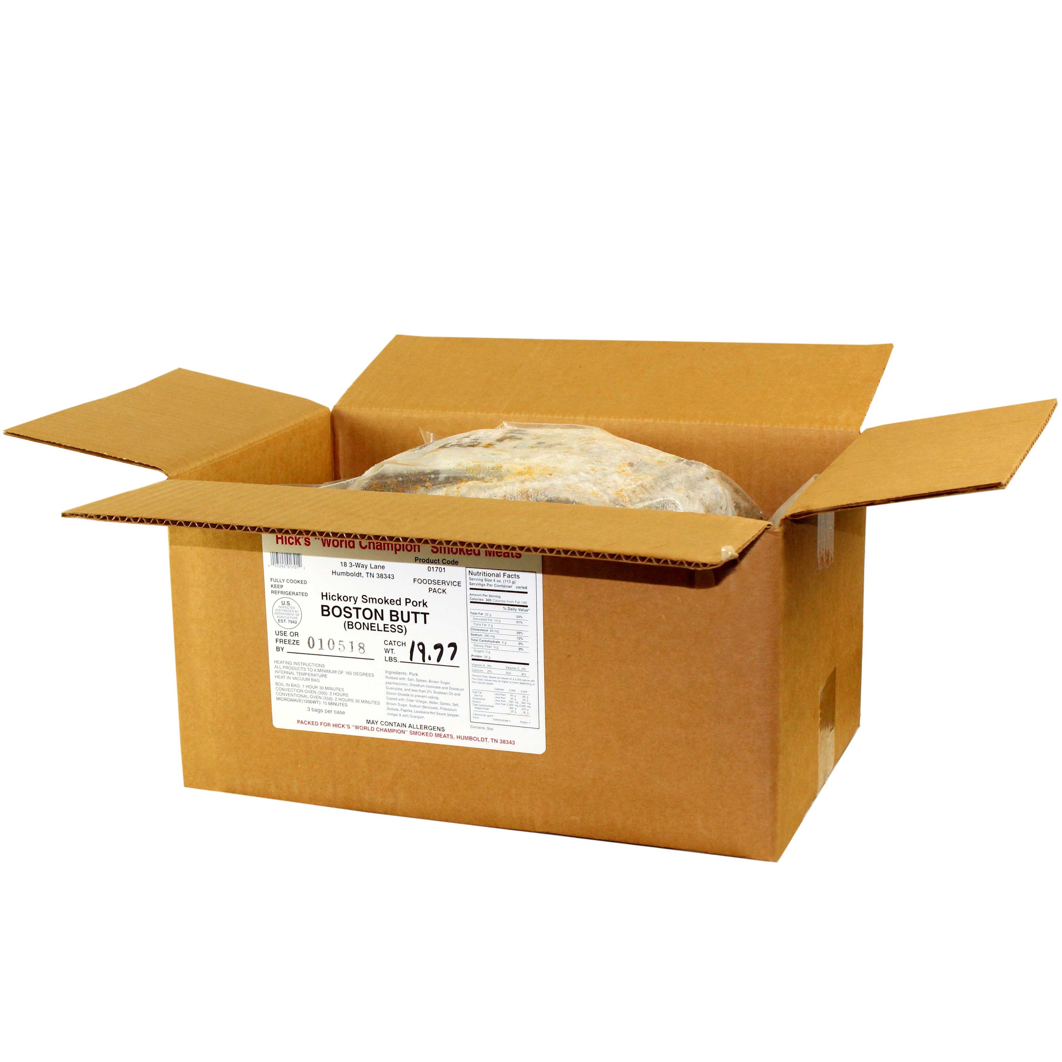 Hicks Hickory Smoked Boneless Whole Boston Butt No Sauce, 6.5 Pound -- 3 per case.