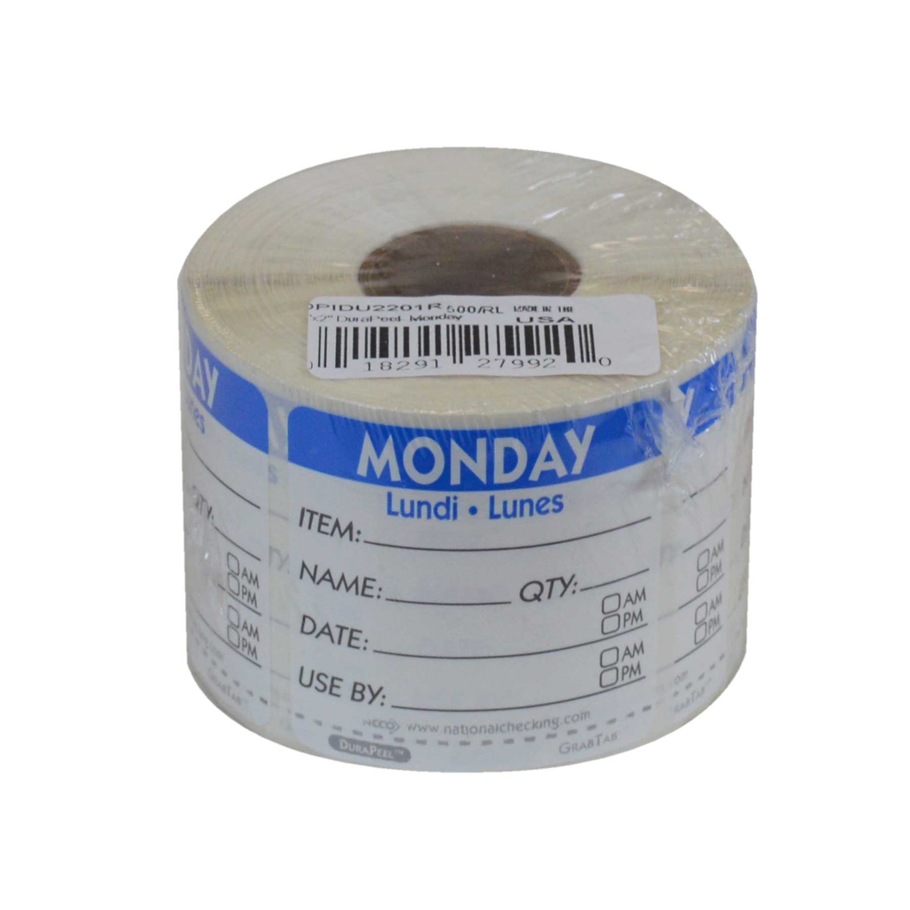 National Checking DateIt Item Date Use By Monday Removable Food Safety Label Roll, 500 count per roll.