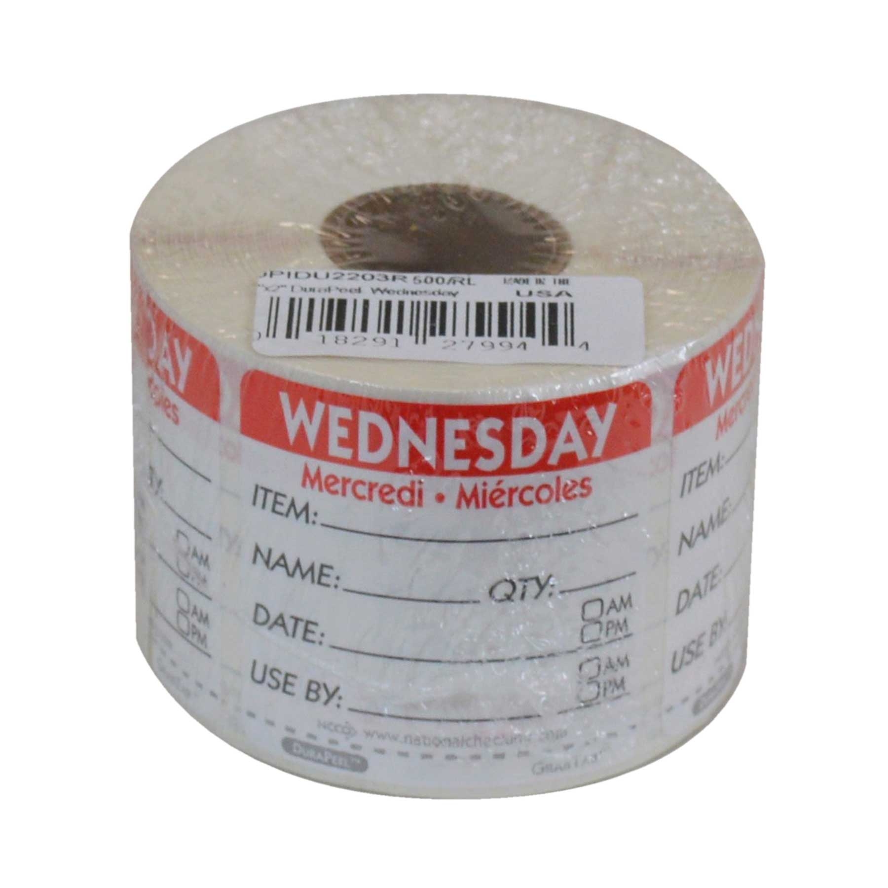 National Checking DateIt Item Date Use By Wednesday Removable Food Safety Label Roll, 500 count per roll.
