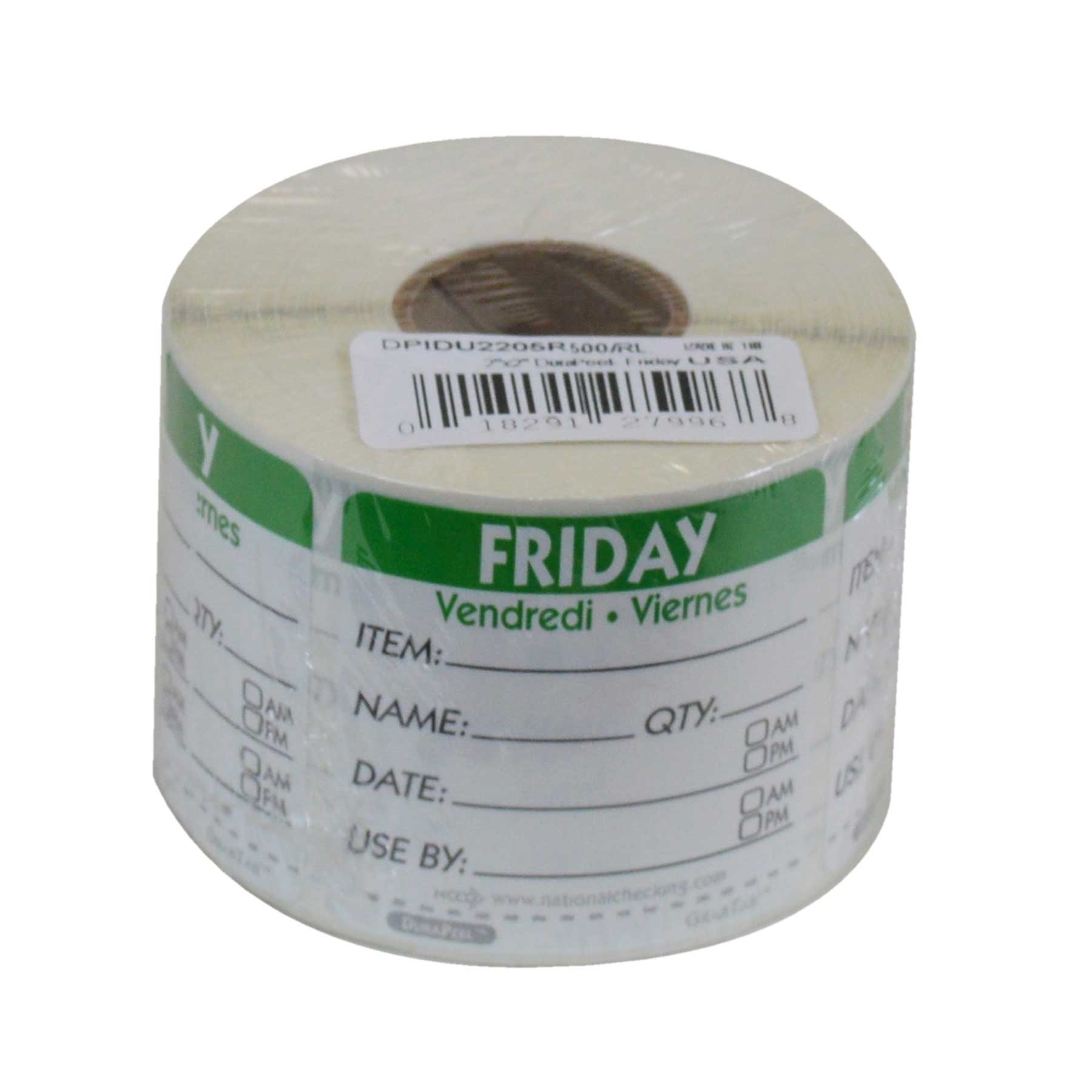 National Checking DateIt Item Date Use By Friday Removable Food Safety Label Roll, 500 count per roll.