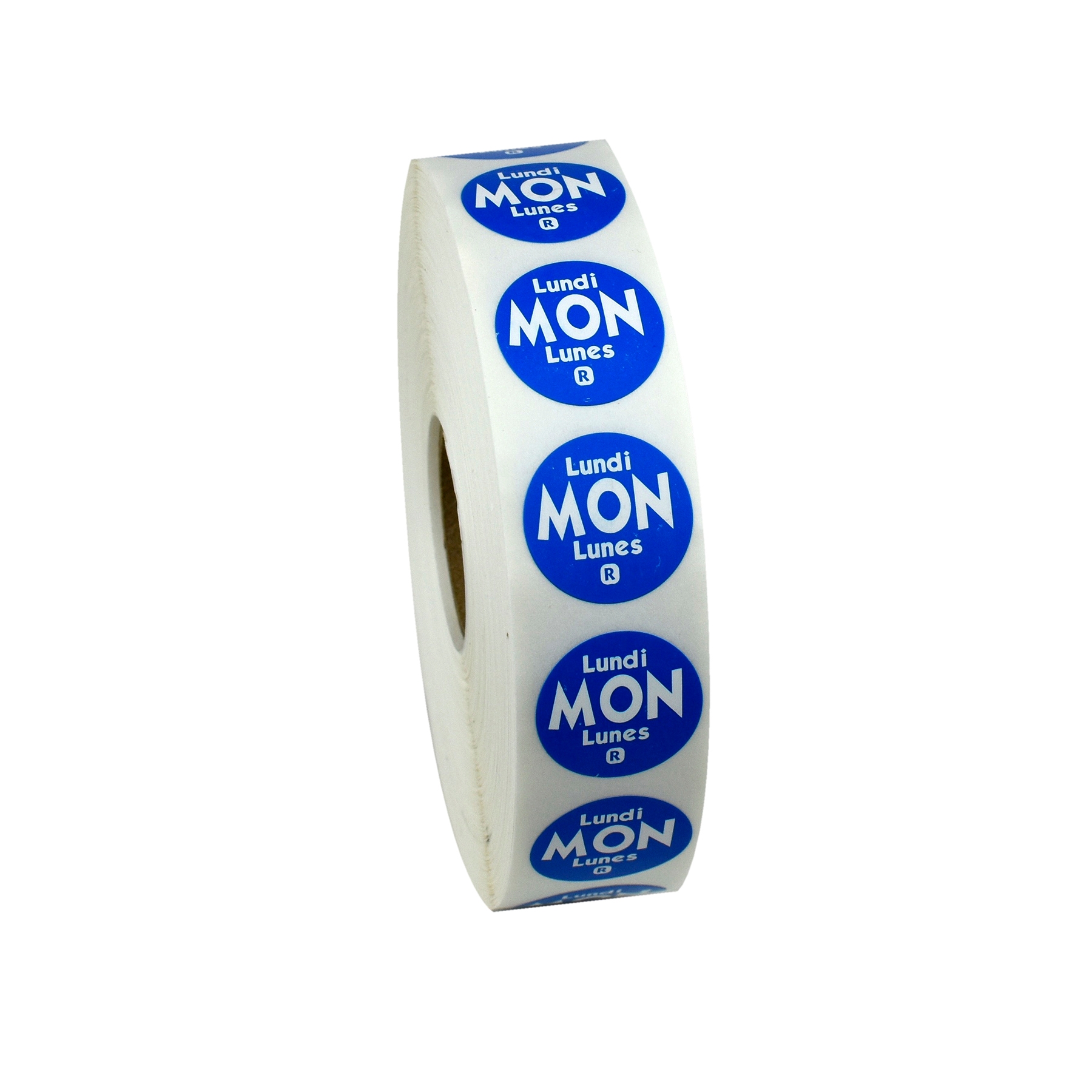 National Checking Company Dateit Blue Trilingual Removable Label - Monday, 0.75 inch Circle -- 2000 per case.