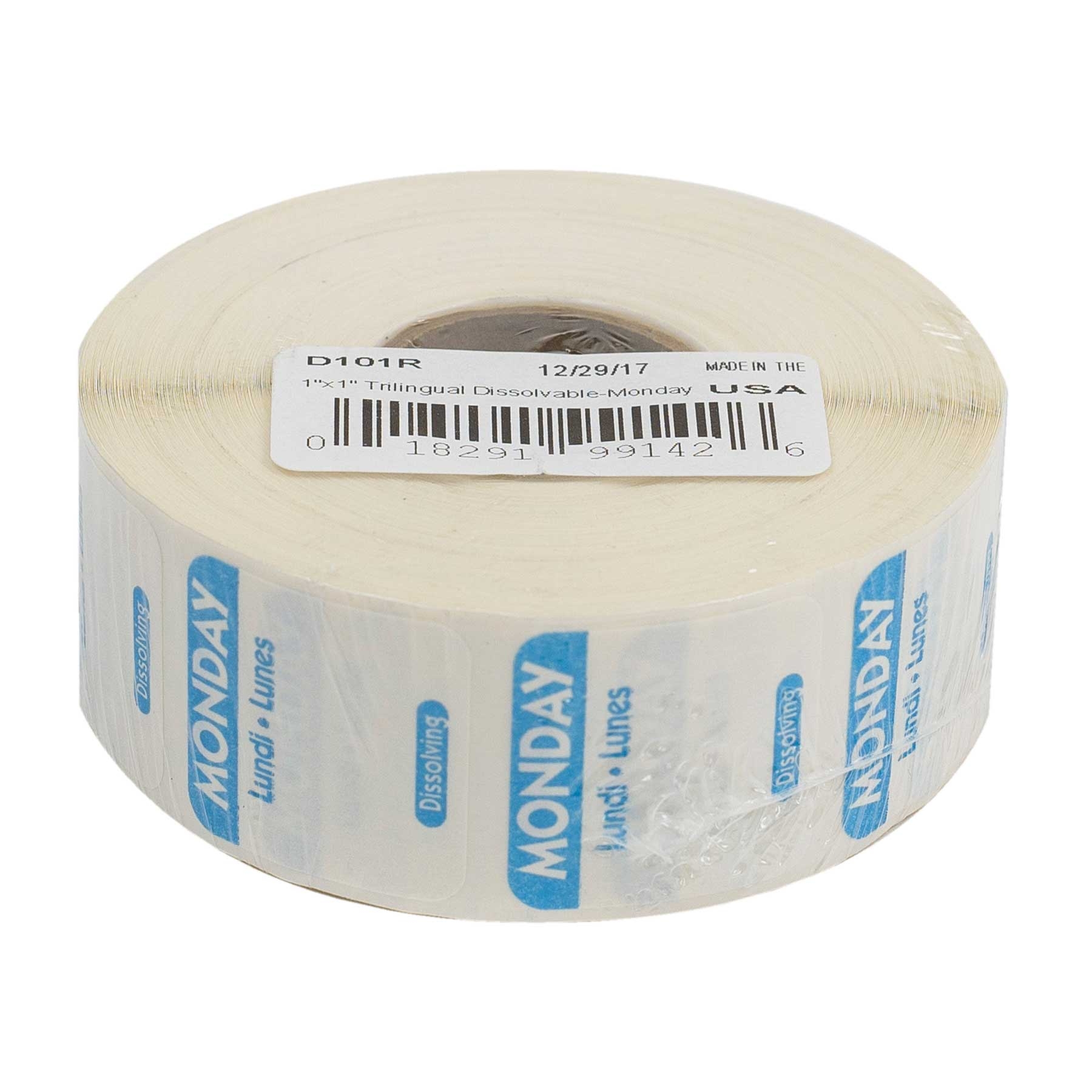 National Checking Company Dateit Blue Trilingual Dissolvable Label - Monday, 1 x 1 inch -- 1000 per case.
