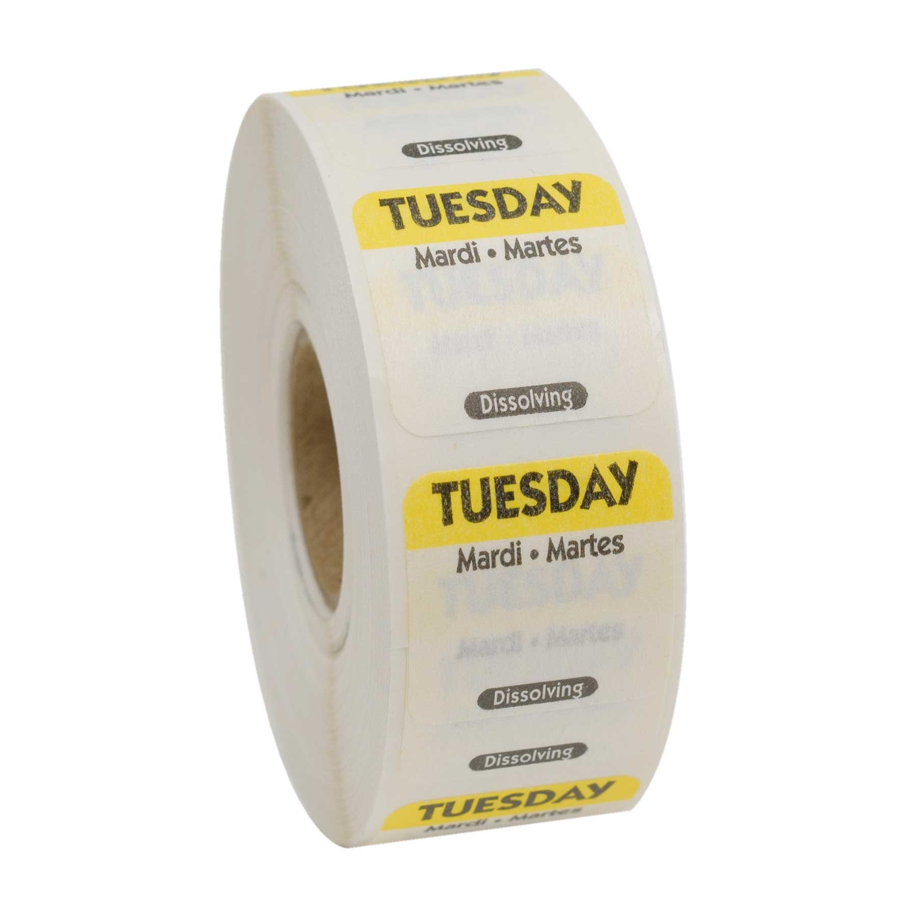 National Checking Company Dateit Yellow Trilingual Dissolvable Label - Tuesday, 1 x 1 inch -- 1000 per case.