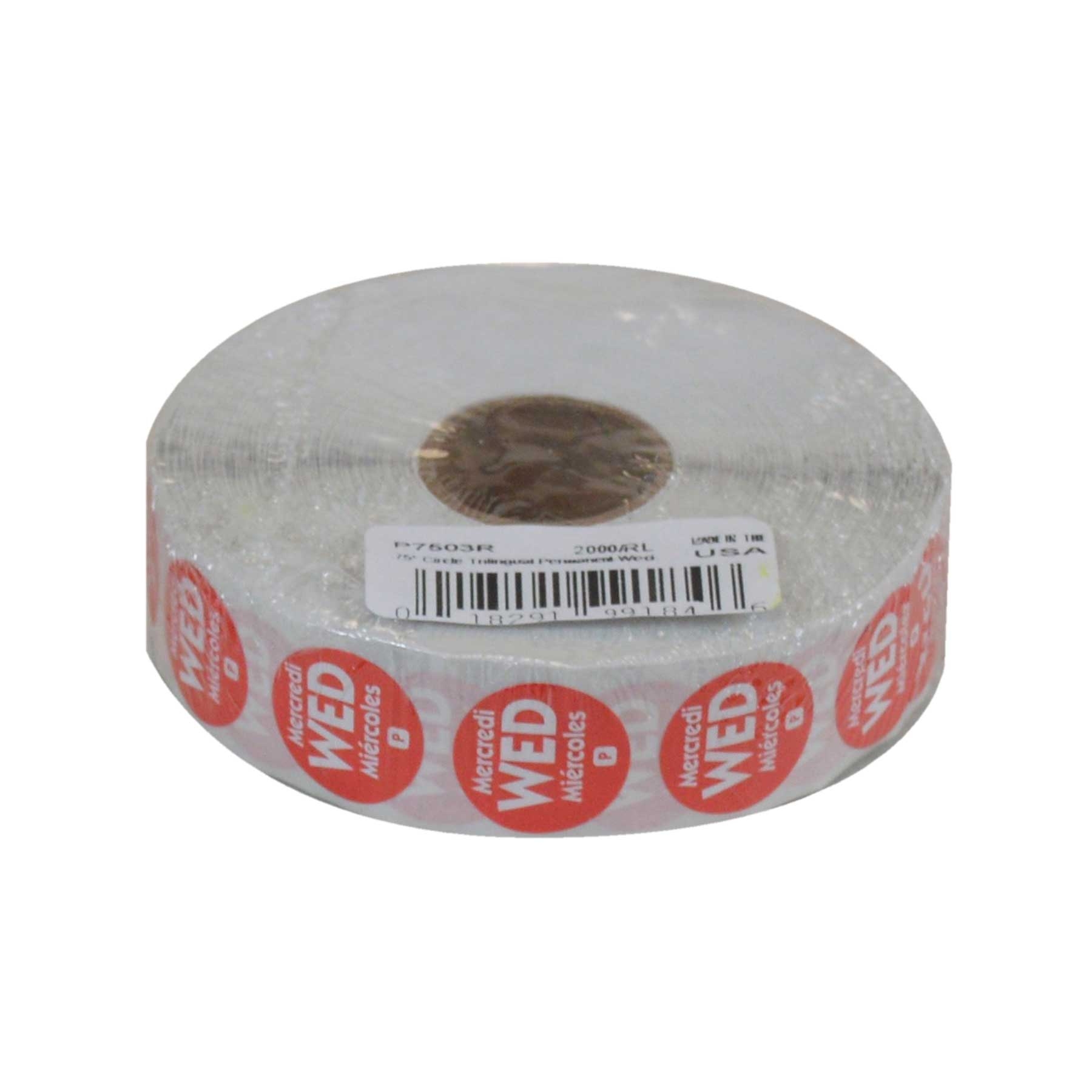 National Checking Company Dateit Red Trilingual Permanent Label - Wednesday, 0.75 inch Circle -- 2000 per case.