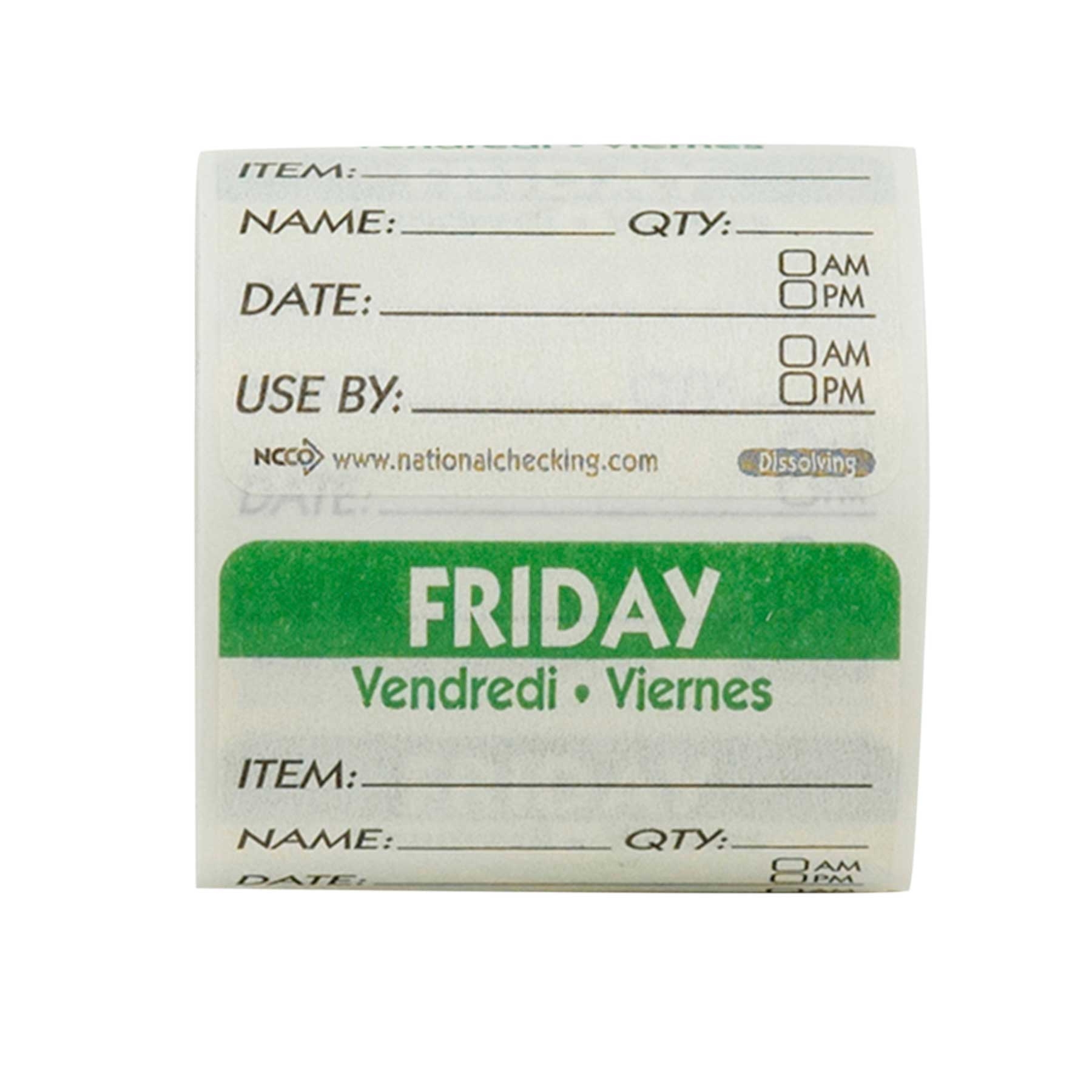 National Checking Company Dateit Trilingual Item/Date/Use By Dissolvabel Label - Friday, 2 x 2 inch -- 6000 per case.
