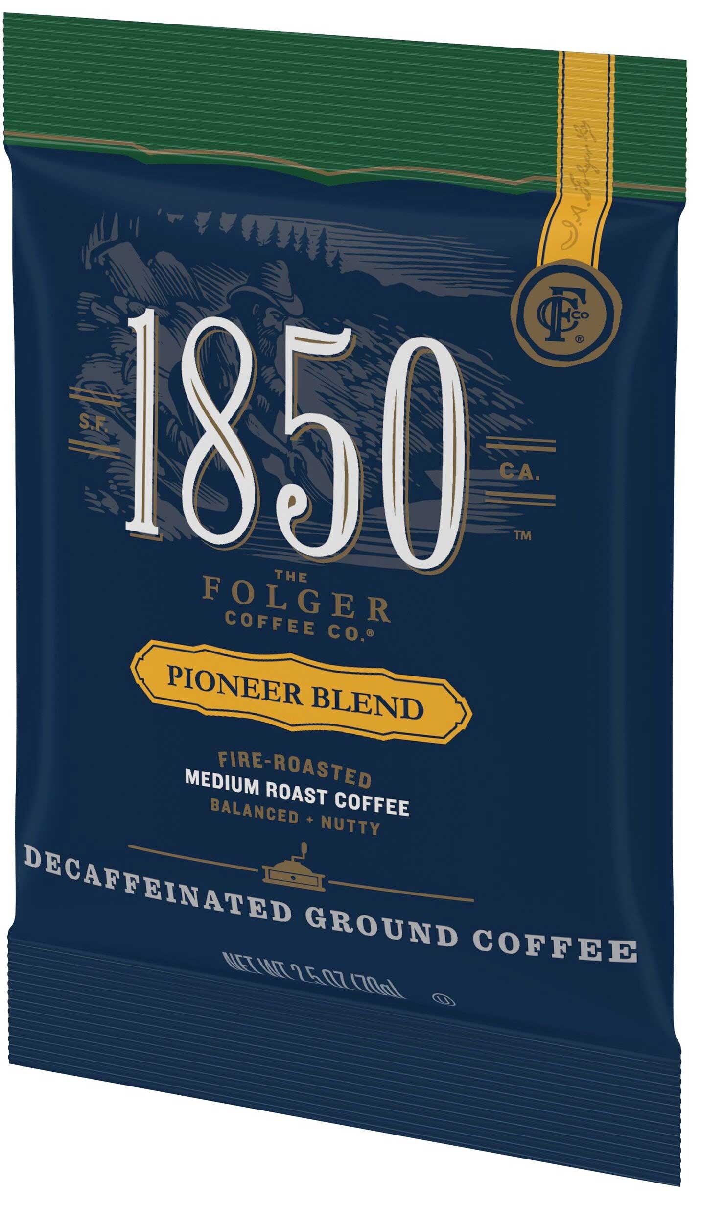 Folgers 1850 Pioneer Blend Medium Roast Decaffeinated Ground Coffee, 2.5 Ounce -- 24 per case.