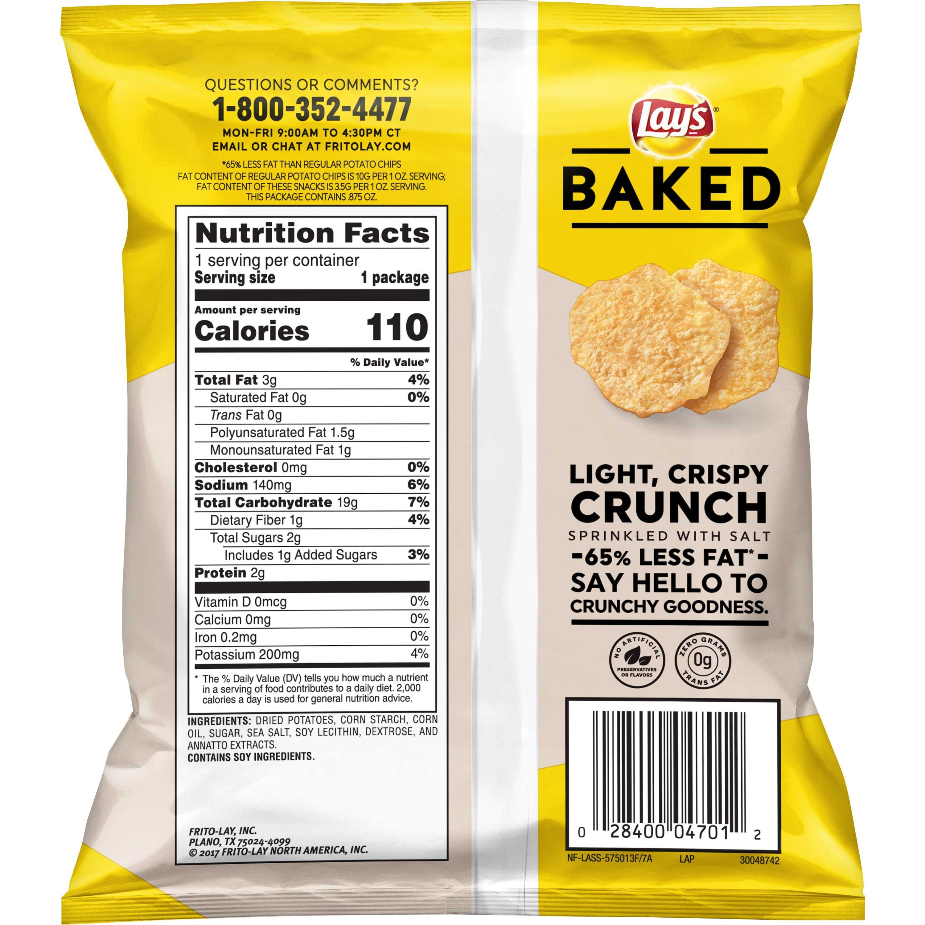 Lays Oven Baked Original Potato Crisps, 0.875 Ounce -- 60 per case.