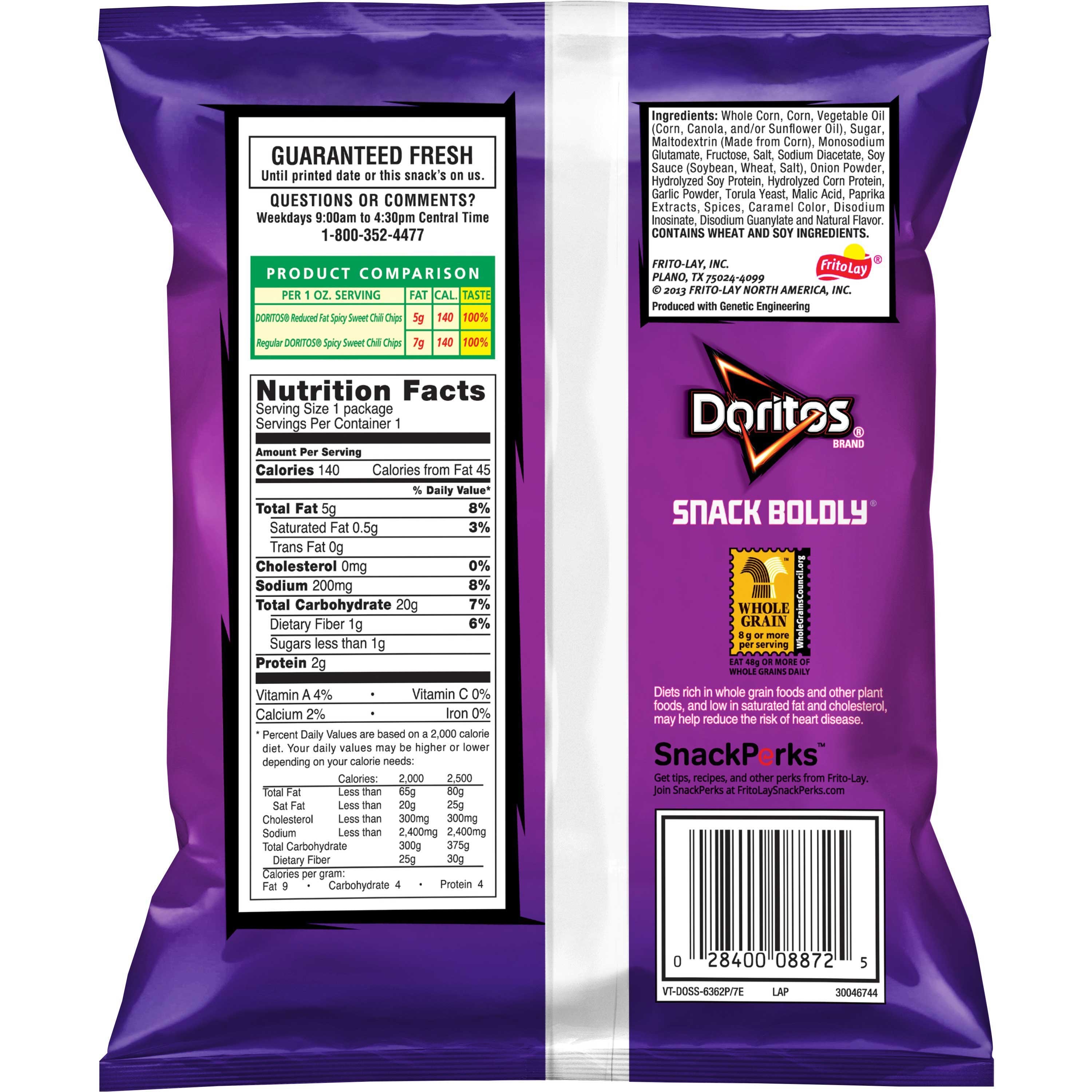 Doritos Whole Grain Reduced Fat Spicy Sweet Chili Tortilla Chips, 1 Ounce -- 72 per case.