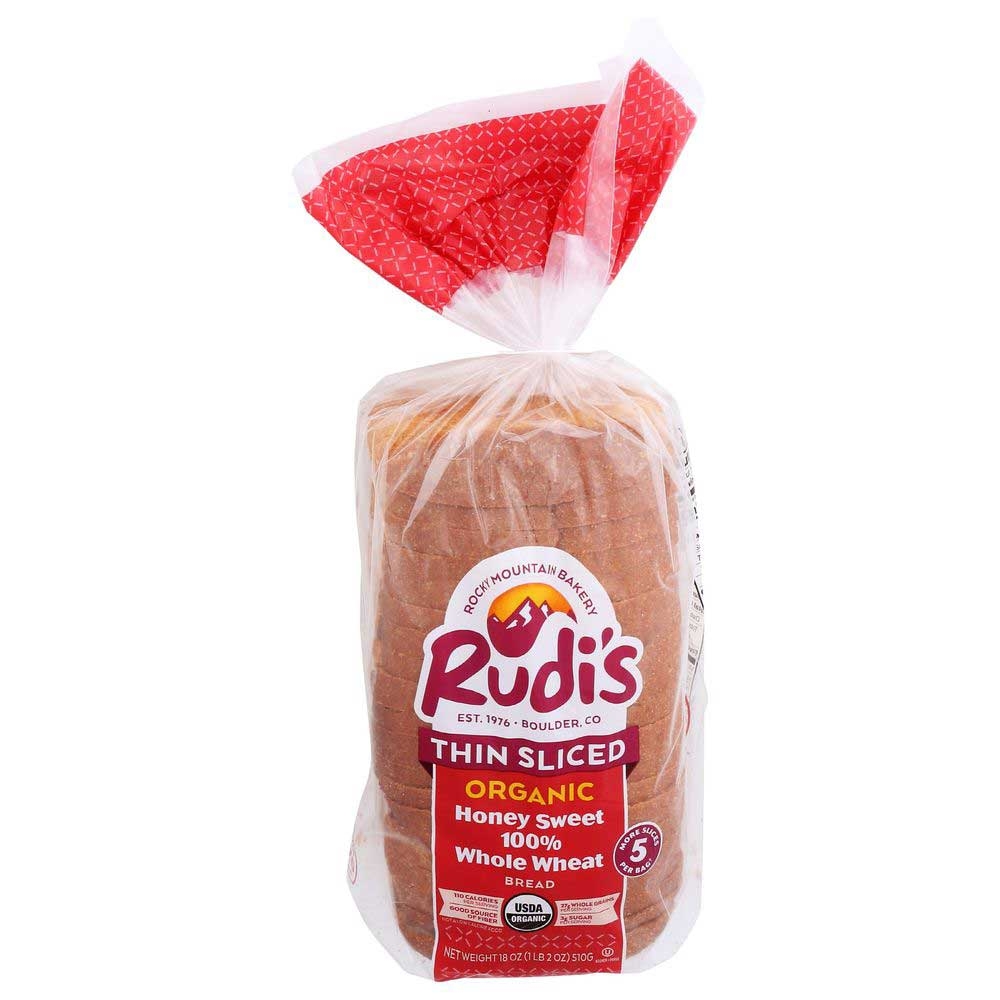 Rudis Organic Thin Sliced Honey Sweet 100 Percent Whole Wheat Bread, 18 Ounce -- 8 per case