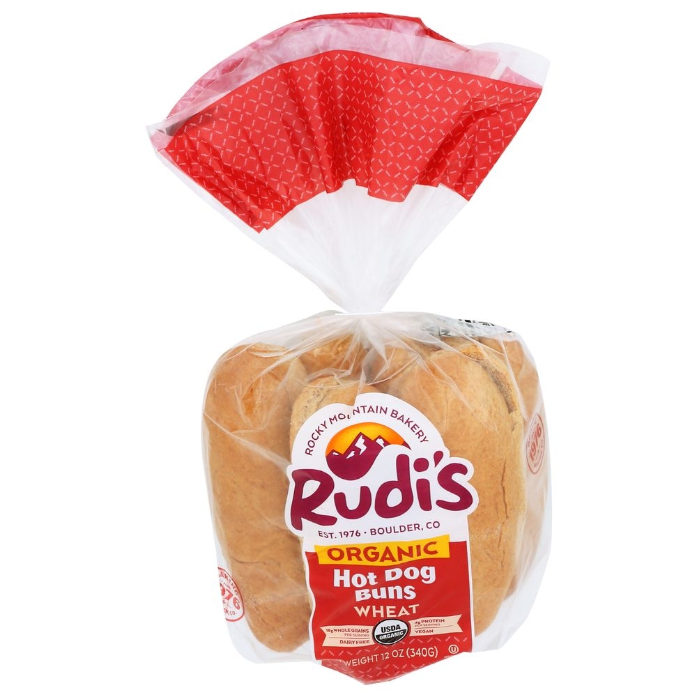 Rudis Organic Wheat Hot Dog Rolls -- 8 pack per case.