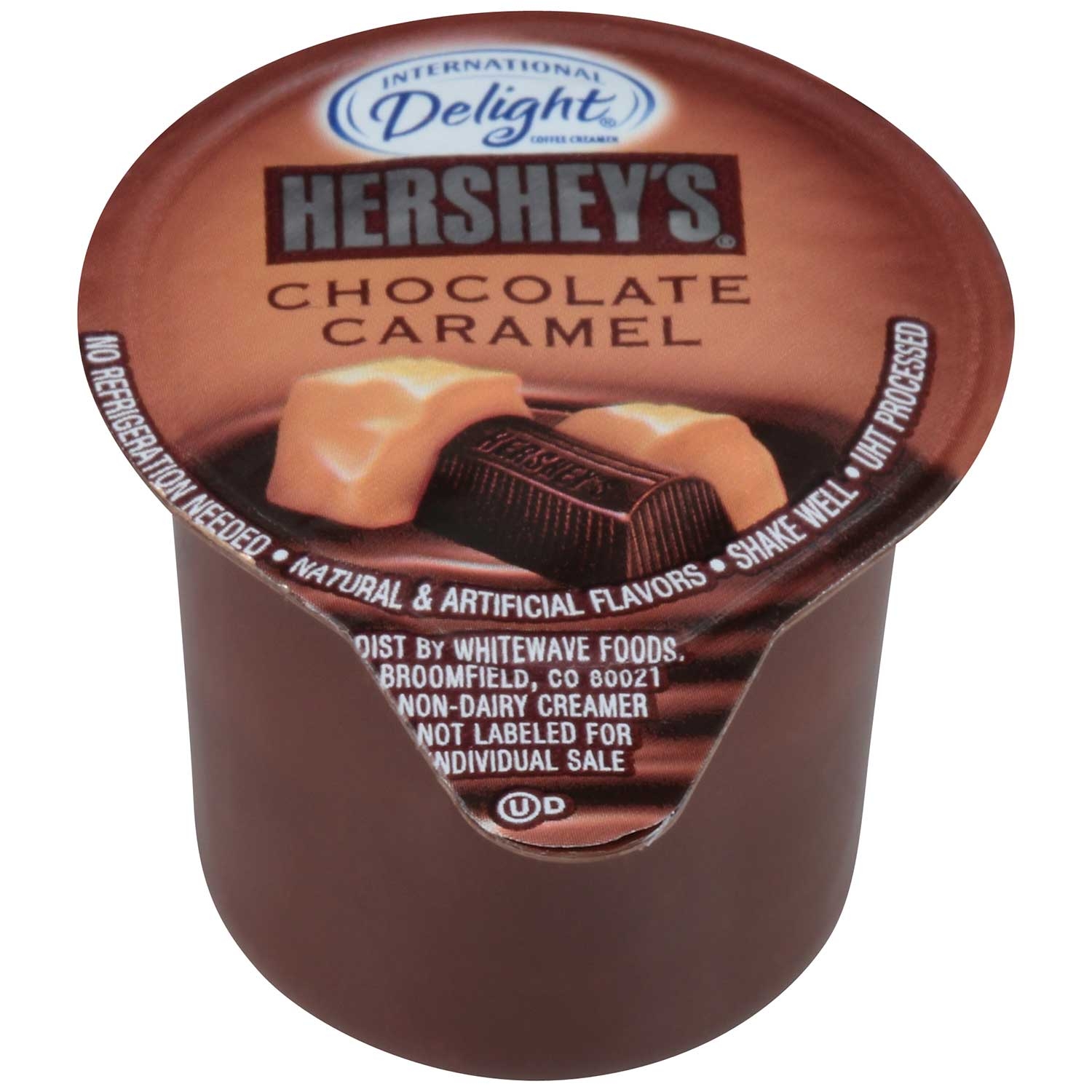International Delight Hersheys Chocolate Caramel Coffee Creamer -- 288 per case.