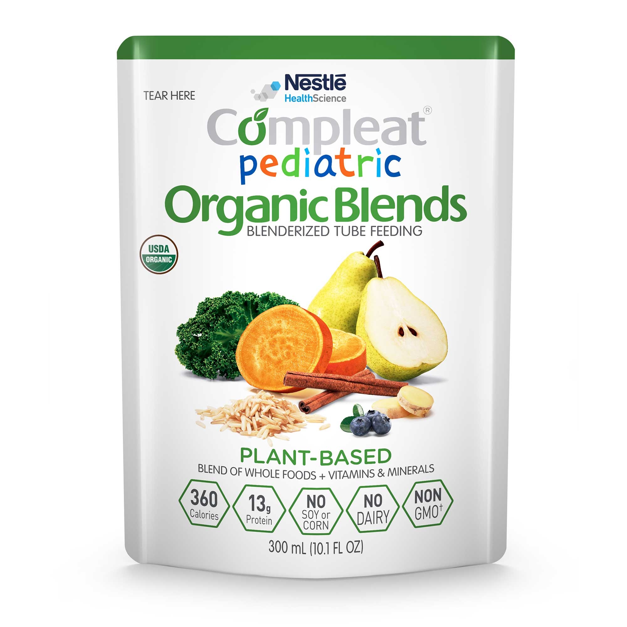 Nestle Compleat Organic Blends Pediatric Plant Base Protein Tube Feeding, 10 Fluid Ounce Pouch -- 24 per case.