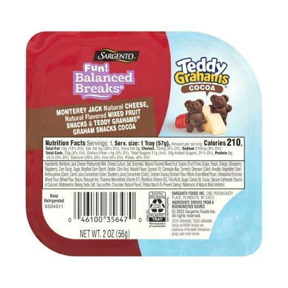 Sargento Fun Balanced Breaks Single Monterey Jack Cheese with Fruit Snacks and Cocoa Teddy Grahams, 2 Ounce -- 8 per case