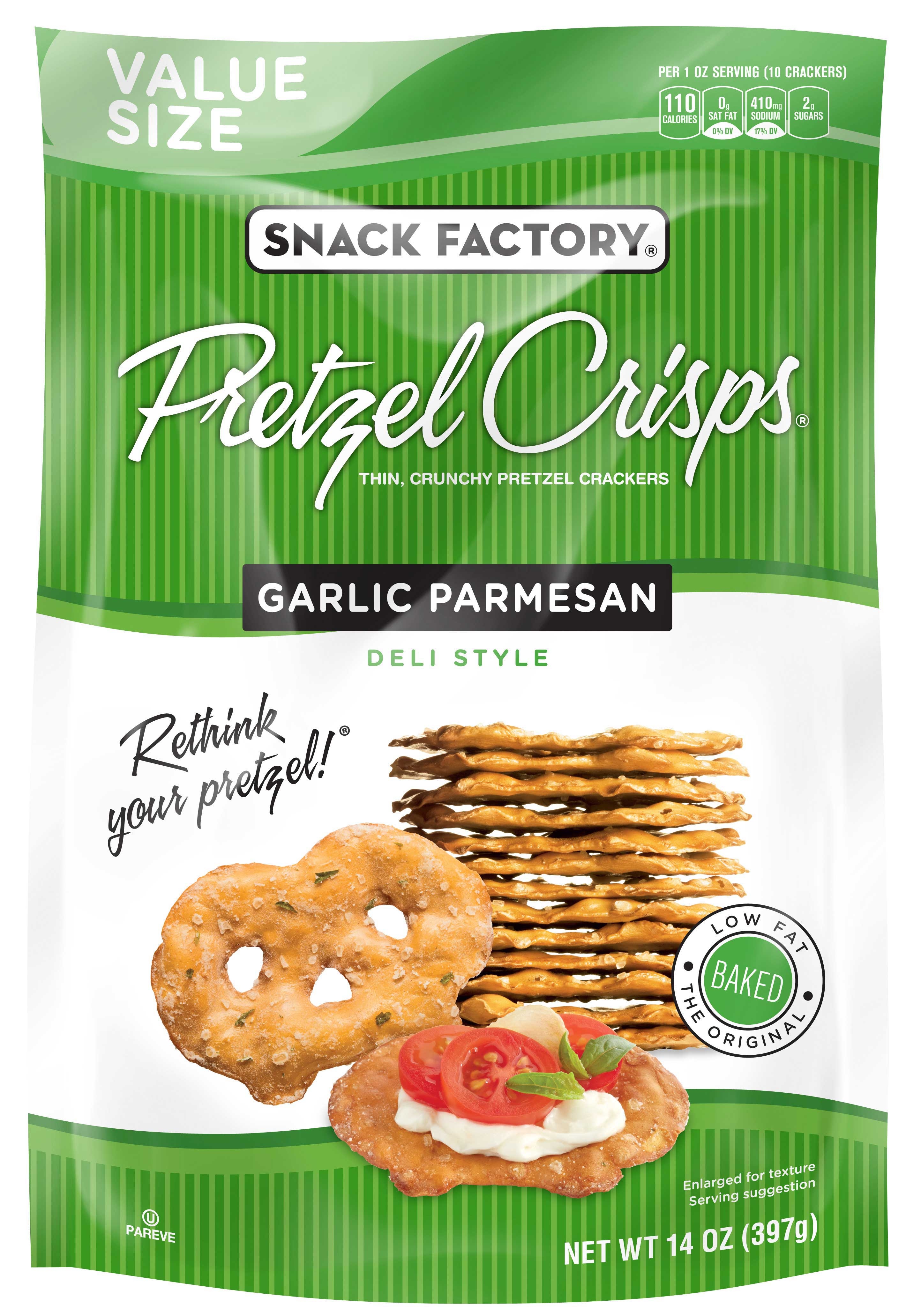 Pretzel Crisps Garlic Parmesan Pretzel Crackers, 14 Ounce -- 12 per case.