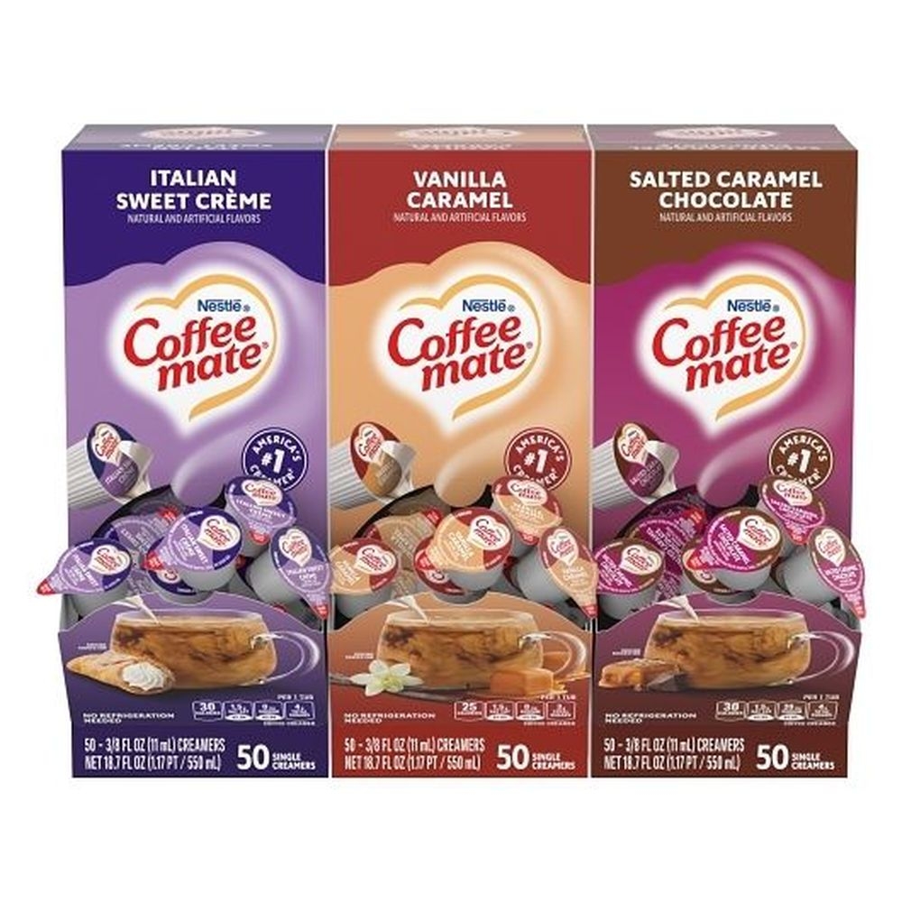 Coffee-Mate 3 Flavor Variety Liquid Creamer Portion Cups, 0.374 Fluid Ounce - 150 per case