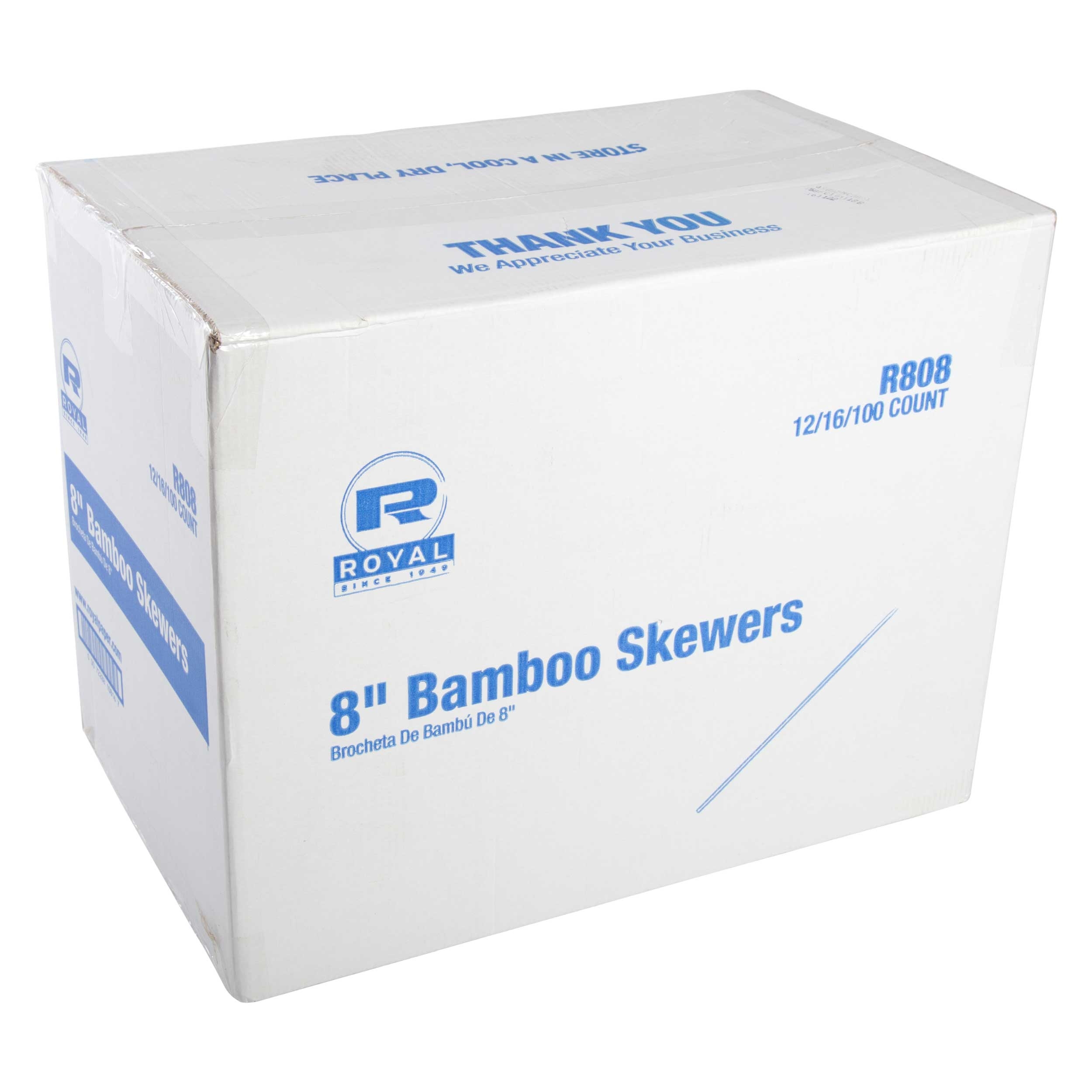 Royal 8 inch Bamboo Skewer, 100 count per pack -- 192 per case.