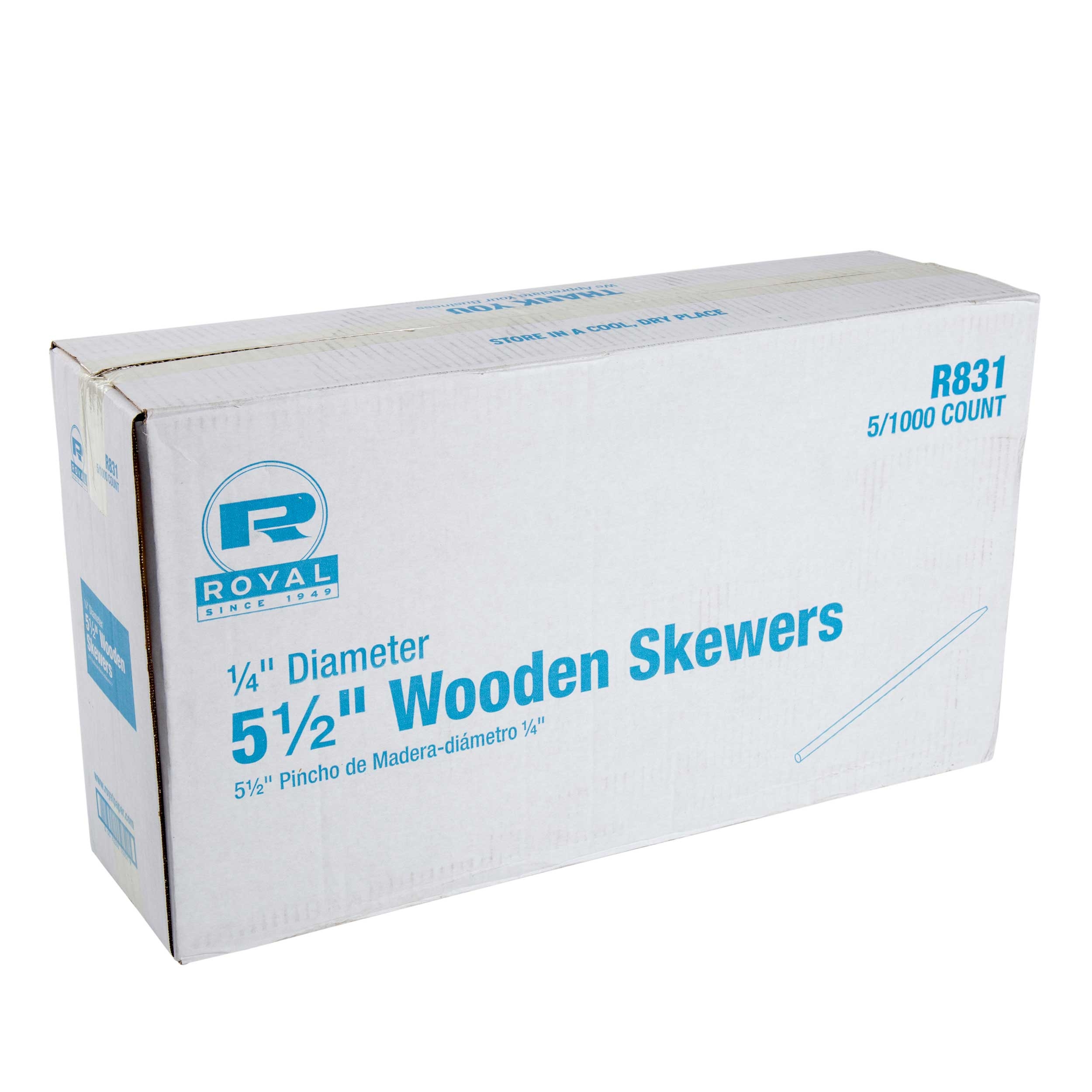 Royal 5 1/2 x 1/4 inch Wood Skewer, 1000 count per pack -- 5 per case.