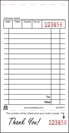 Royal White Booked 1 Part 15 Lines Guest Check Single Part Paper -- 100 per case.