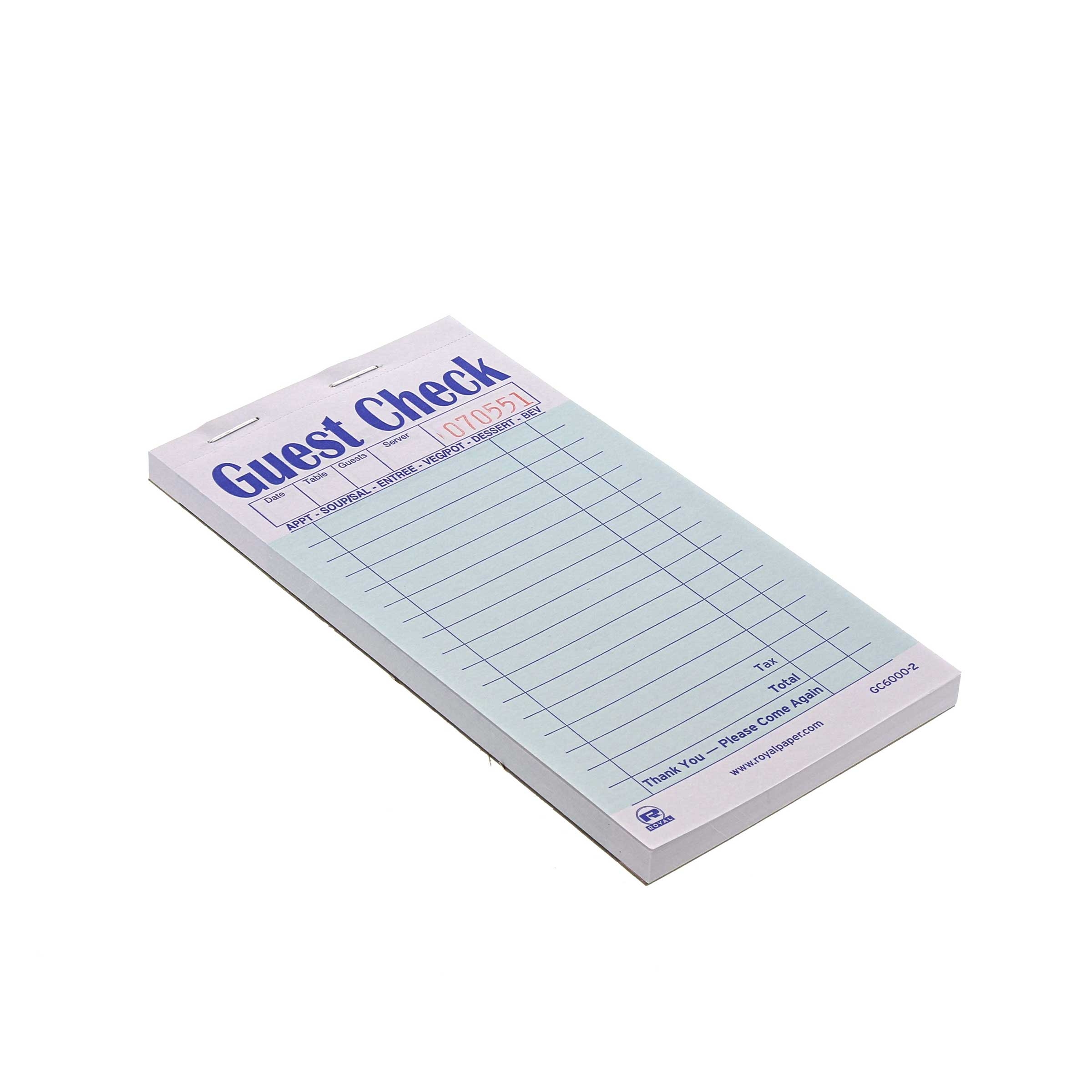 Royal Interleav Green Booked 2 Part 17 Lines Guest Check Carbon Paper -- 50 per case.