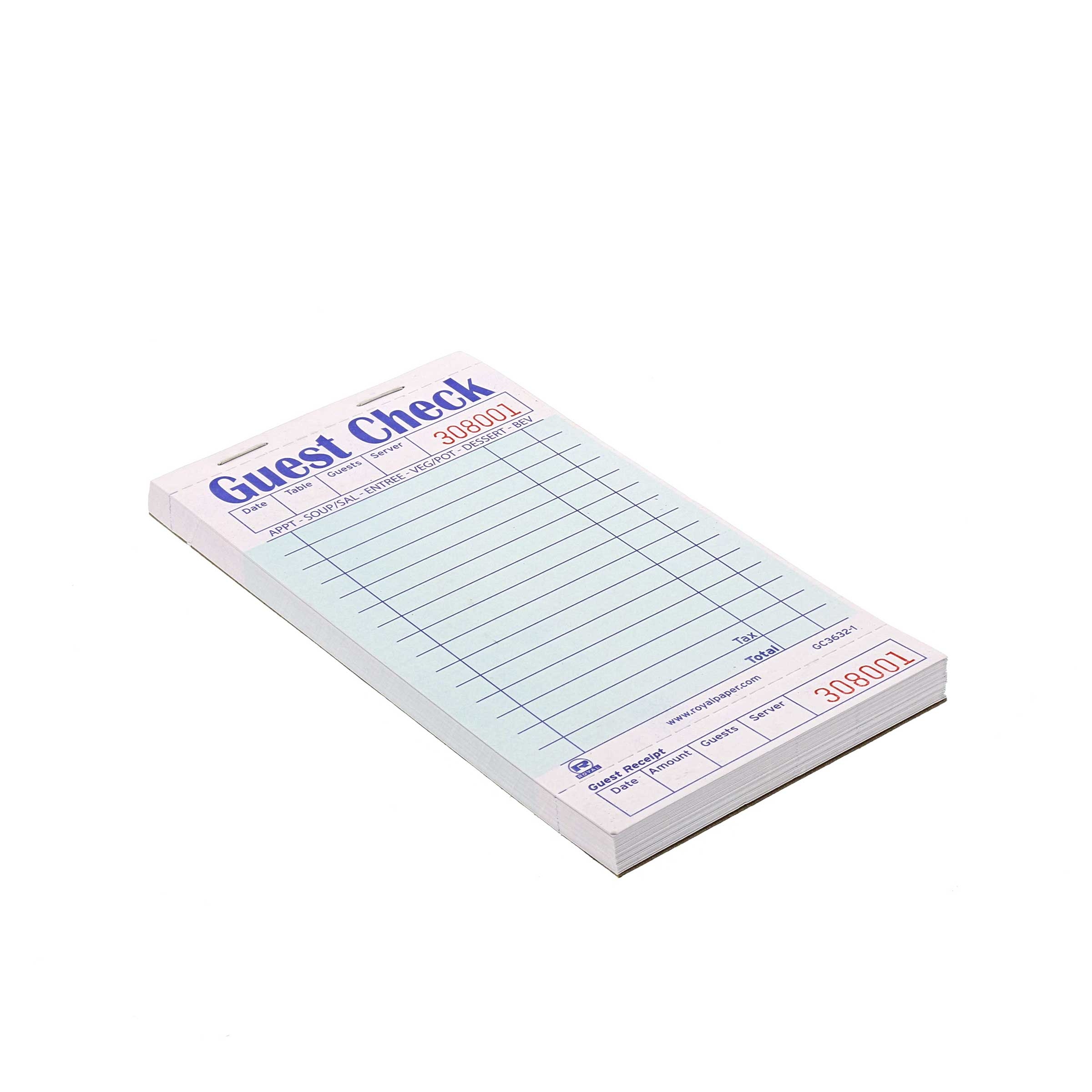 Royal Green Booked 1 Part 15 Lines Guest Check Board -- 50 per case.