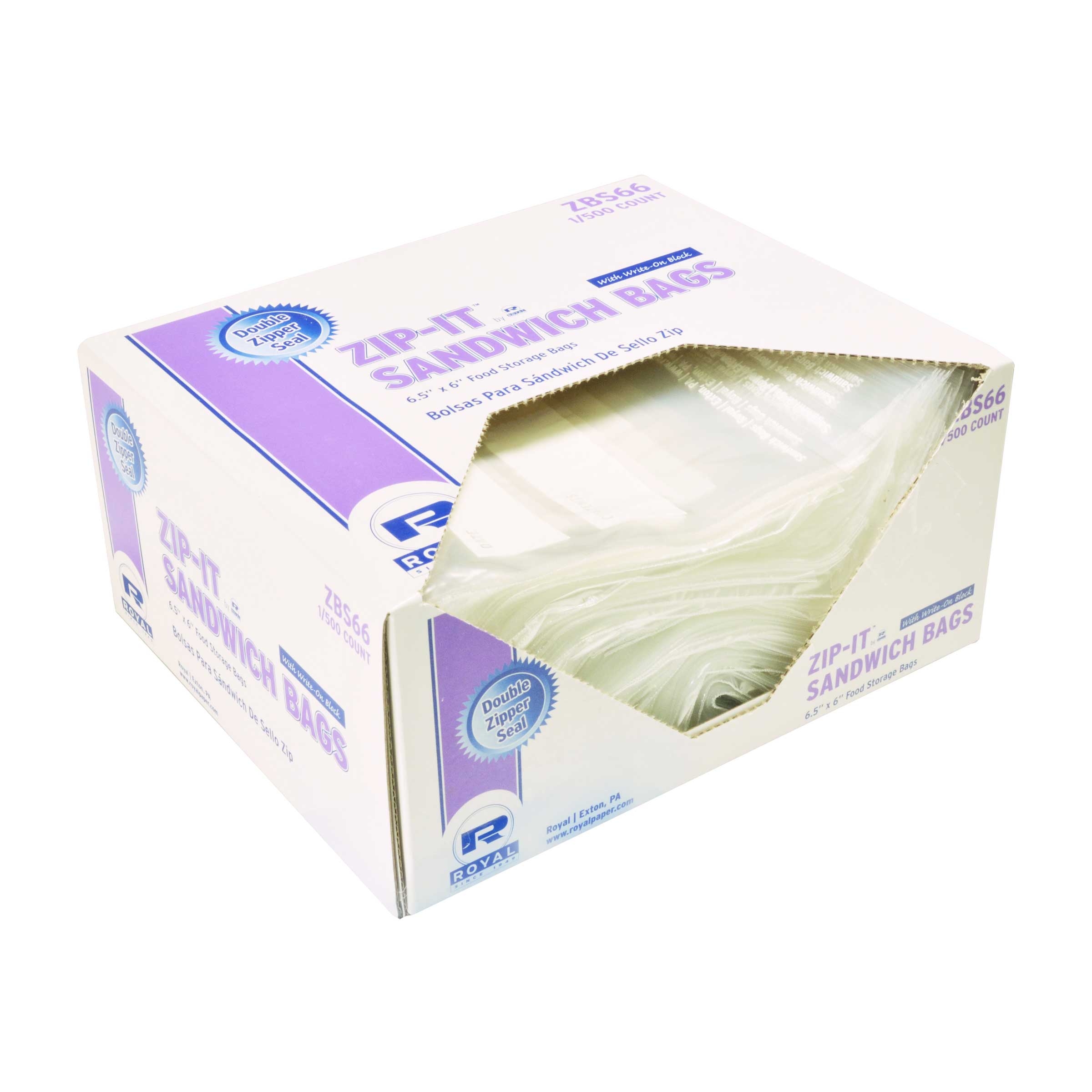 Royal Double Zipper Sandwich Bag, 6.5 x 6 inch -- 500 per case.