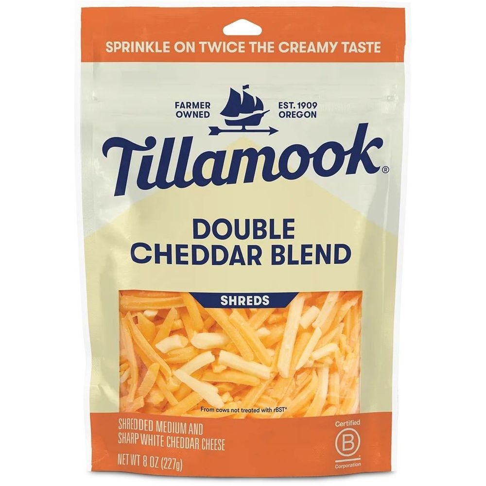 Tillamook Farmstyle Fine Double Cheddar Blend Shredded Cheese, 8 Ounce - 12 per case