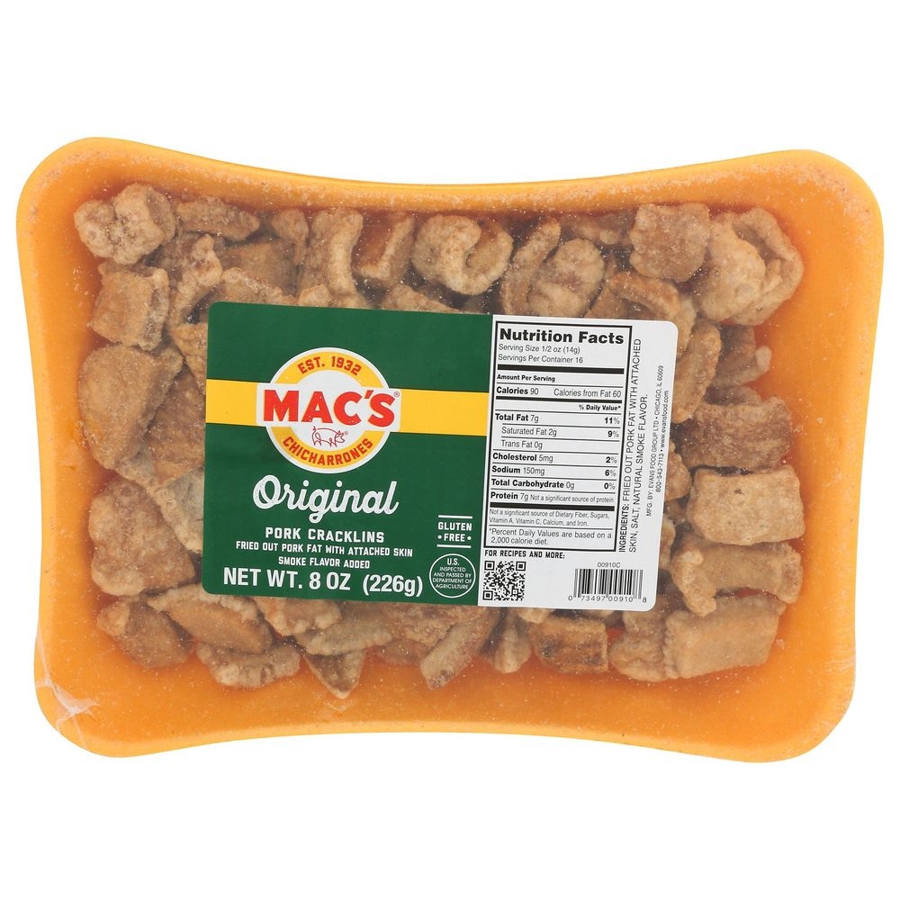 Macs Chicharrones Original Pork Cracklins, 8 Ounce Tray -- 12 per case