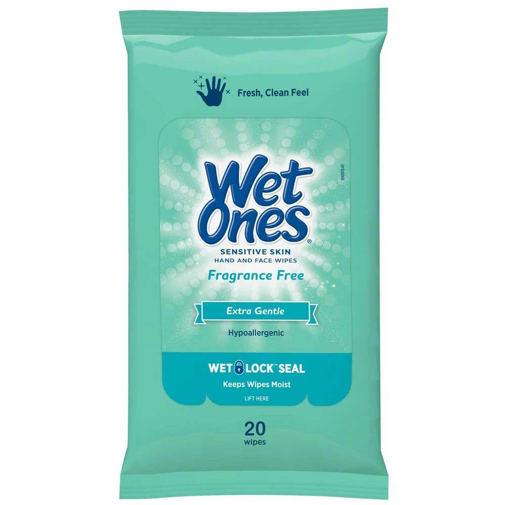 Wet Ones Sensitive Skin Hand and Face Wipes - 20 count per pack -- 10 packs per case.