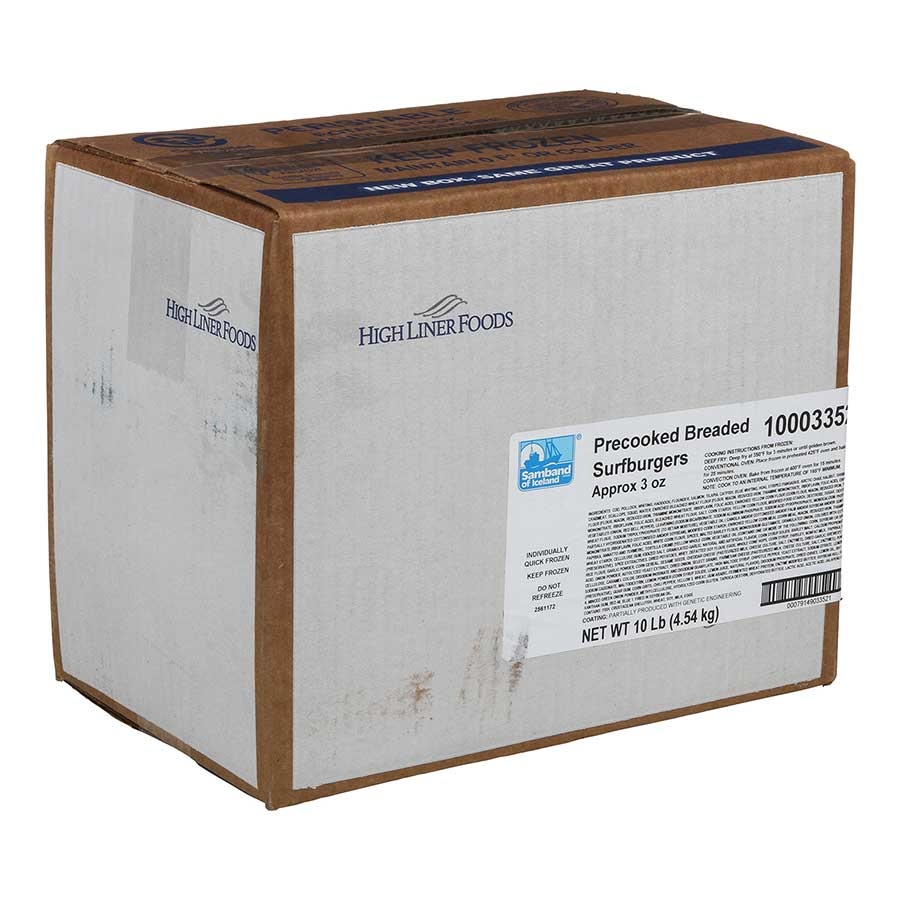 Fish Breaded Surfburger - Patty, 3 Ounce 52-54 Pieces, 10 Pound.