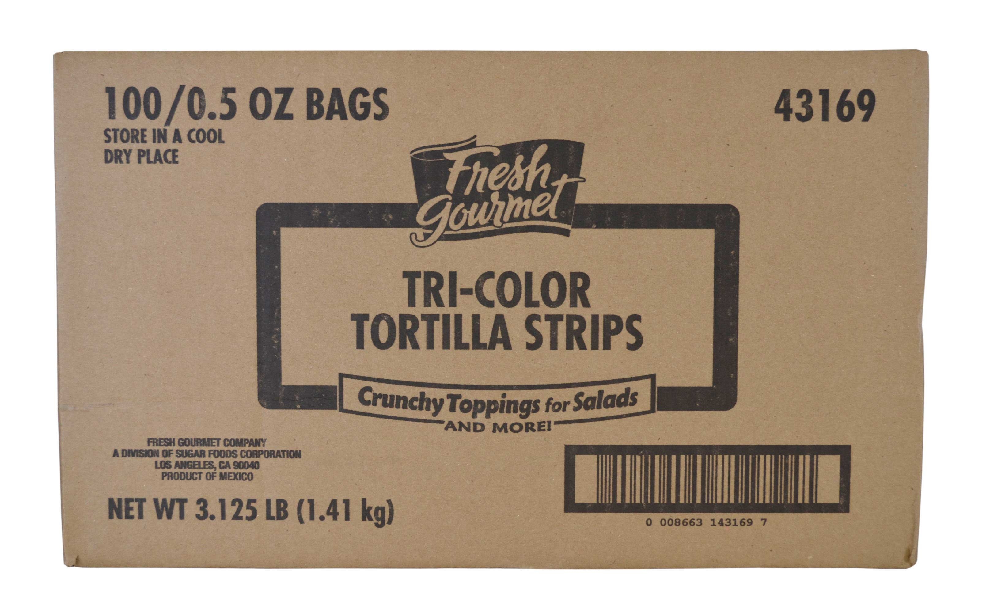 Fresh Gourmet Tri-Colored Tortilla Strips - 0.5 oz. bag, 100 per case