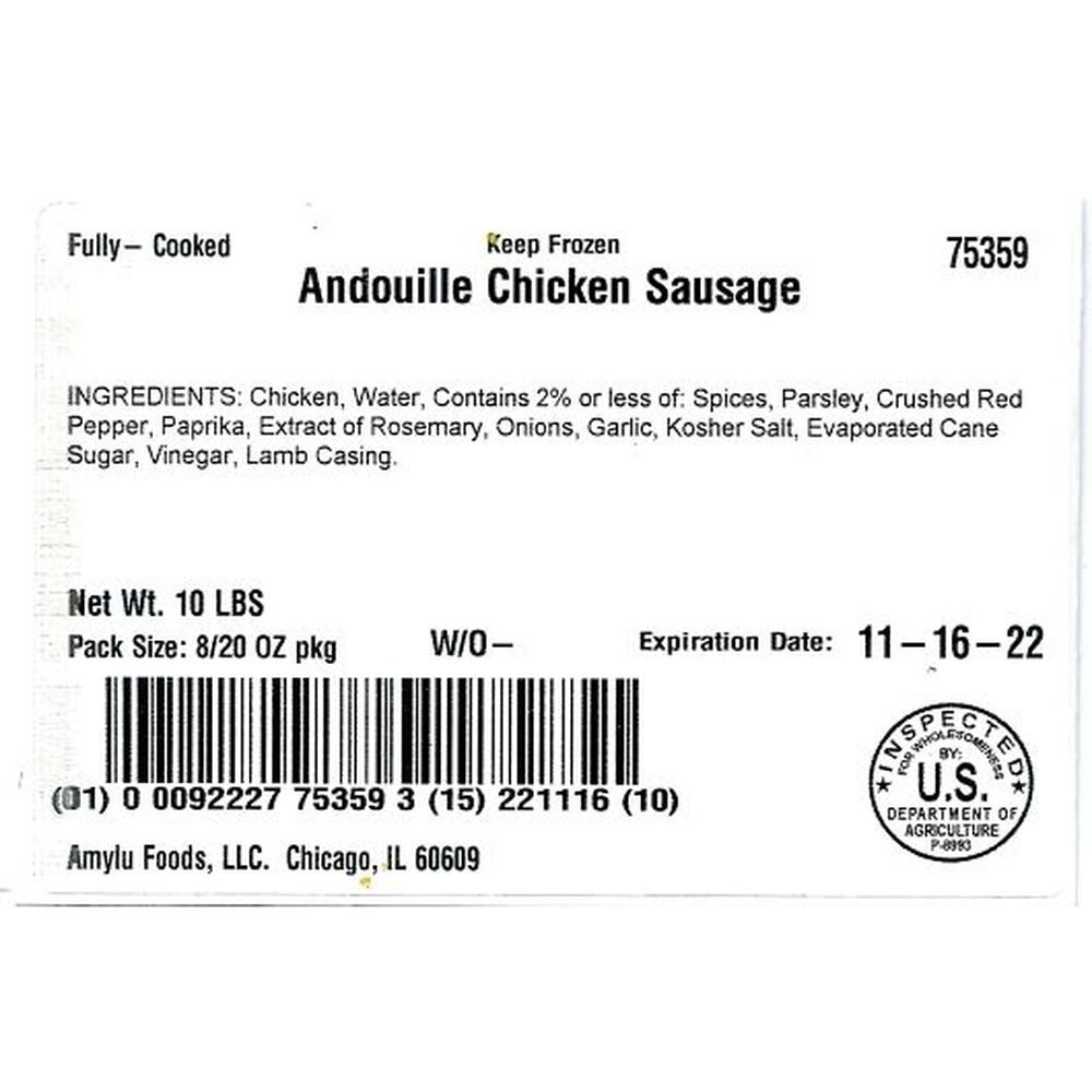 Sausages By Amylu Andouille Chicken Sausage, 10 Pound