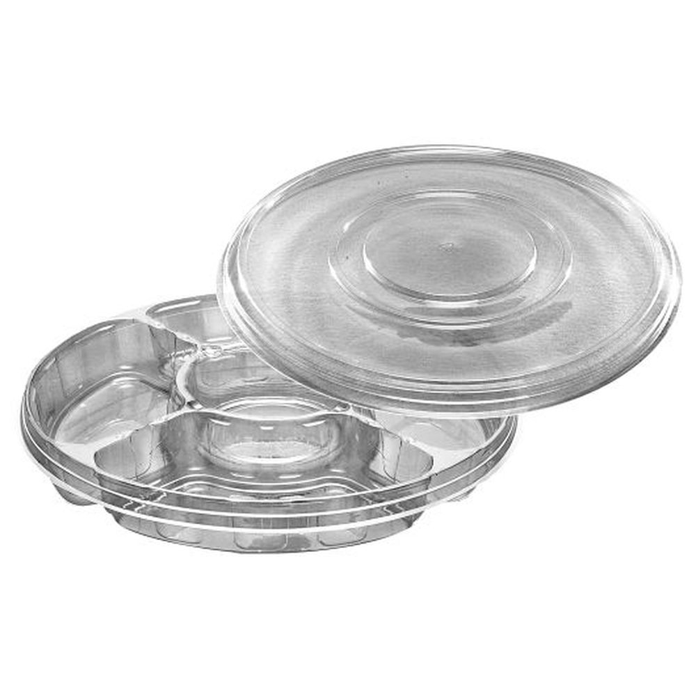 D and W Fine Pack 13.25 x 1.75 inch Round PET 4-Compartment Tray with Dip Cup and Ring Lid, 50 count