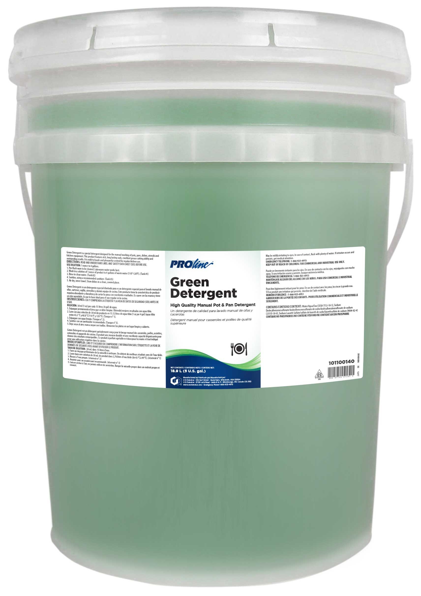 Proline Green Manual Pot and Pan Detergent Liquid, 5 Gallon.