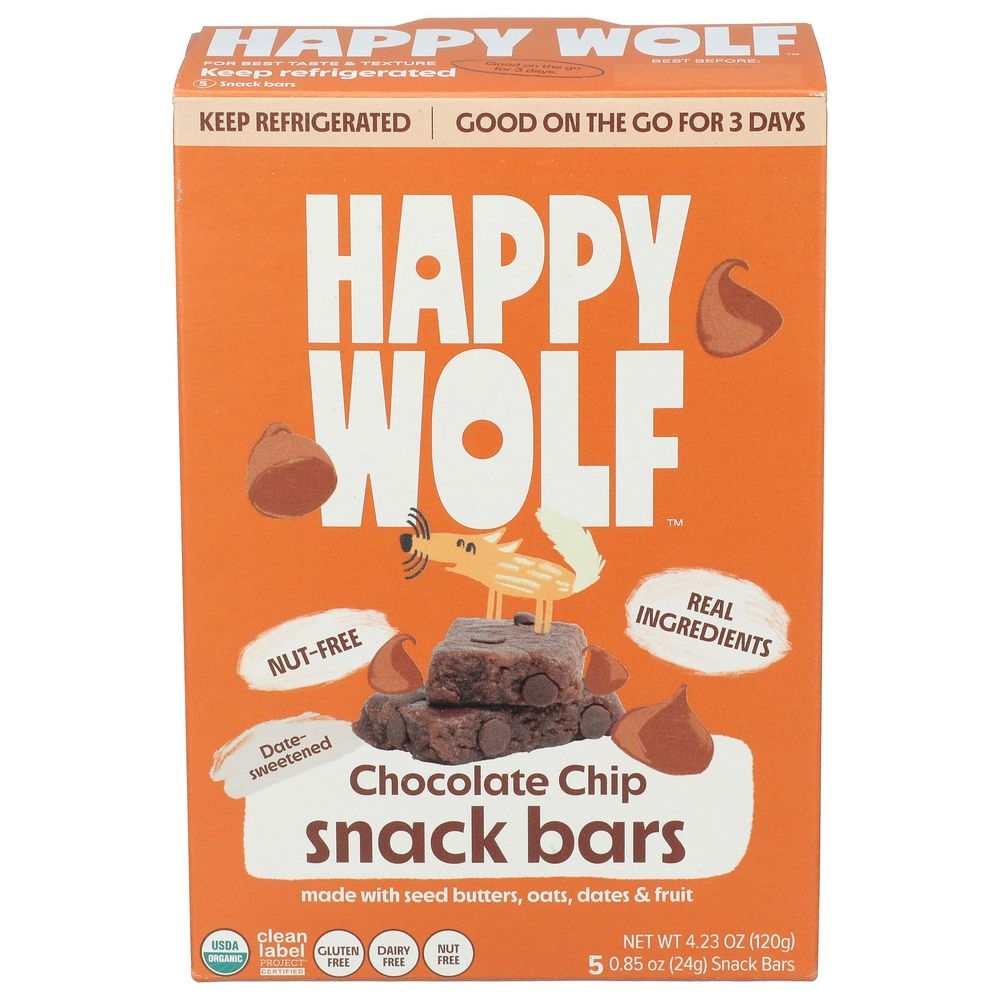 Happy Wolf 0.85 Ounce Organic Fridge Fresh Chocolate Chip Snack Bar, 5 count -- 6 per case