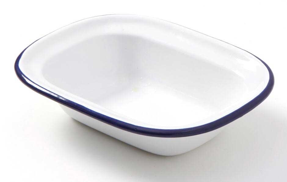 American Metalcraft White with Blue Rim Oblong Enamel Bowl, 8 Ounce