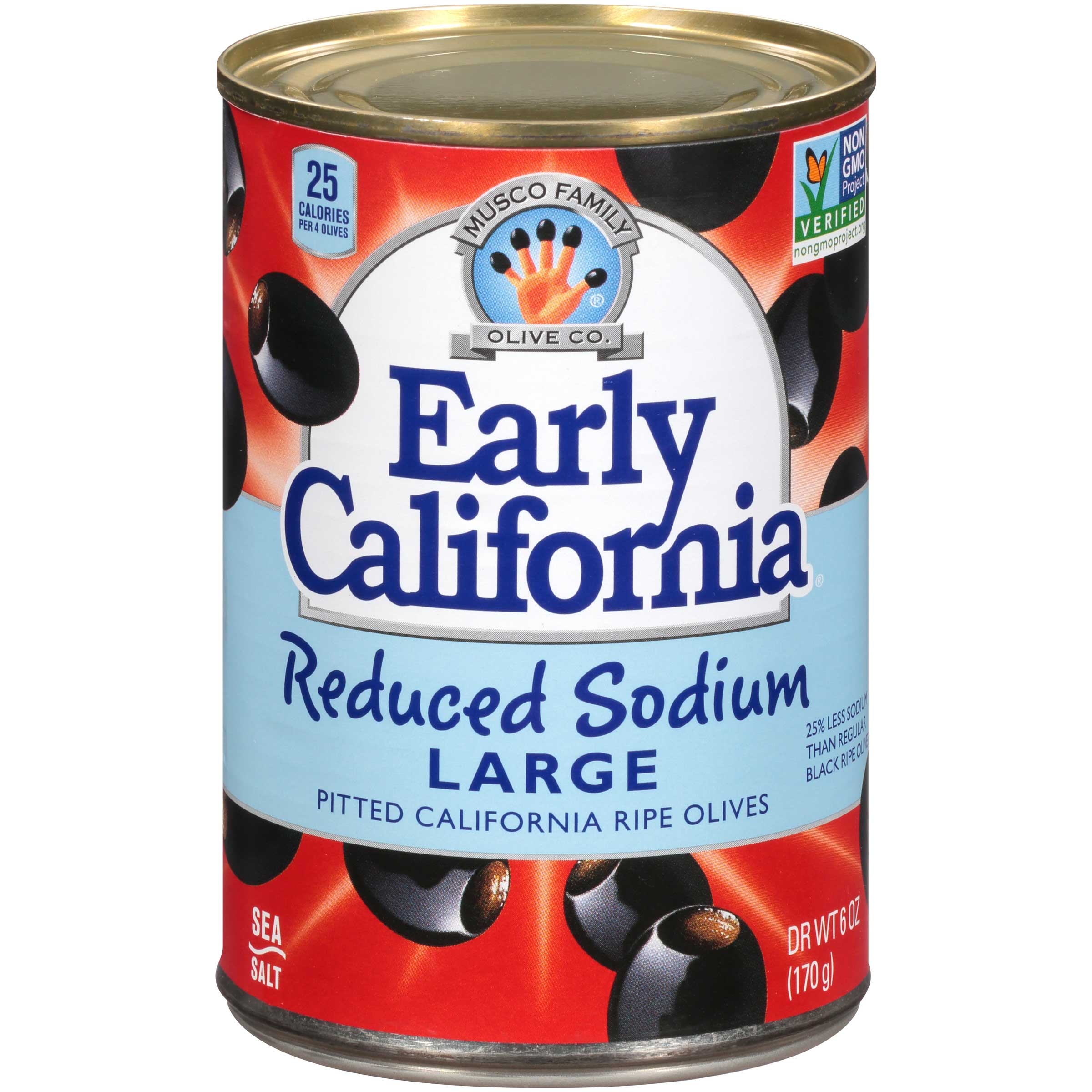 Early California Large Reduced Sodium Pitted Ripe Olives, 6 Ounce -- 12 per case.
