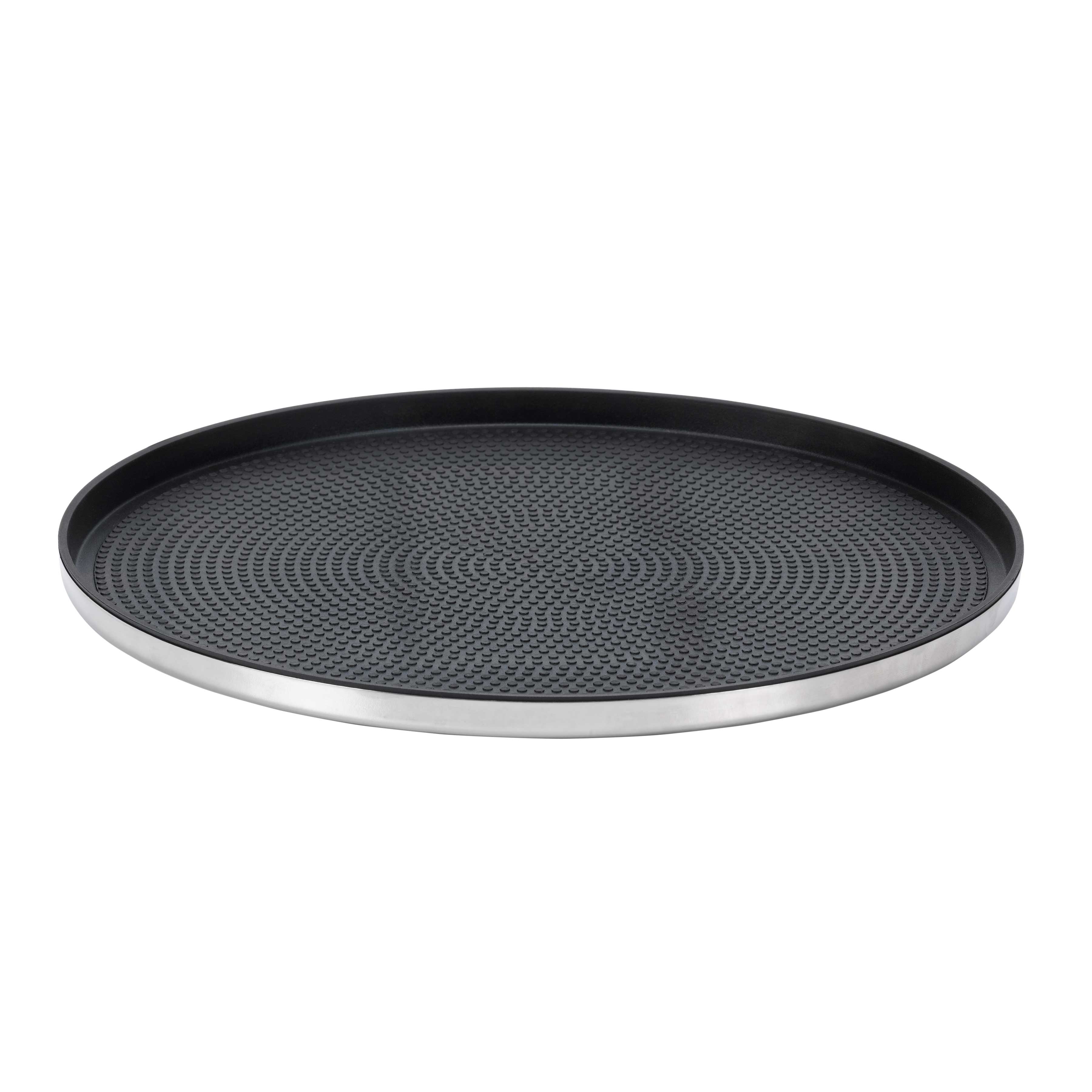 Service Ideas Polished Stainless Modern Edge Medium Round Serving Tray, 12 inch Width x 0.75 inch Height