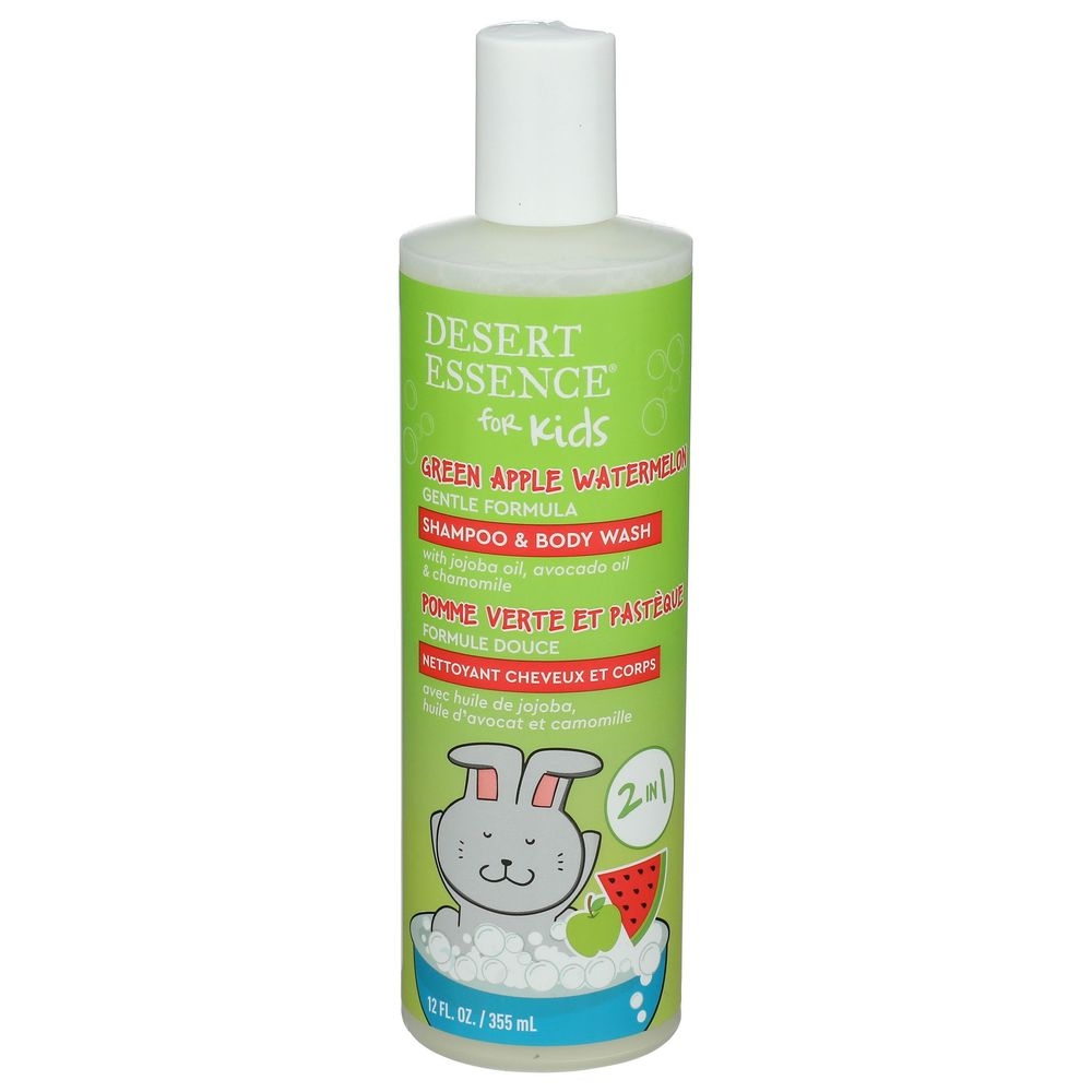 Desert Essence Green Apple Watermelon 2 in 1 Shampoo and Body Wash for Kids, 12 Fluid Ounce