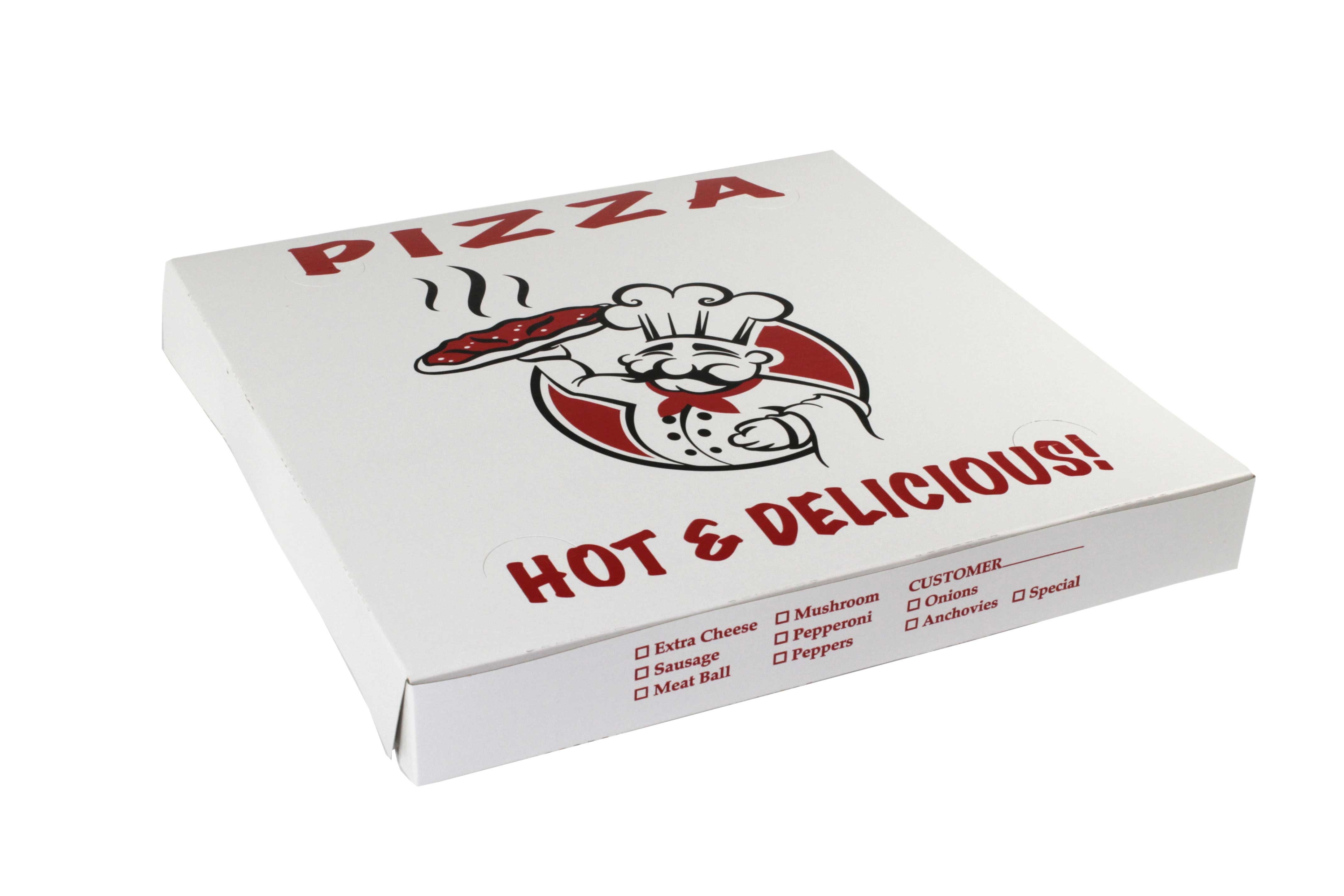 Boxit Chefs Classic Printed To Go Lock Corner One Piece White Pizza Box, 16 x 16 x 2 inch -- 100 per case.