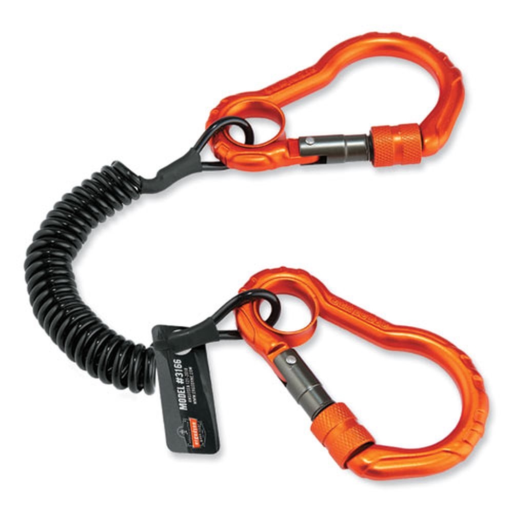 ergodyne Squids 3166 Black 12 inch Long Coiled Tool Lanyard with Two Carabiners, 2 Pound Max Working Capacity