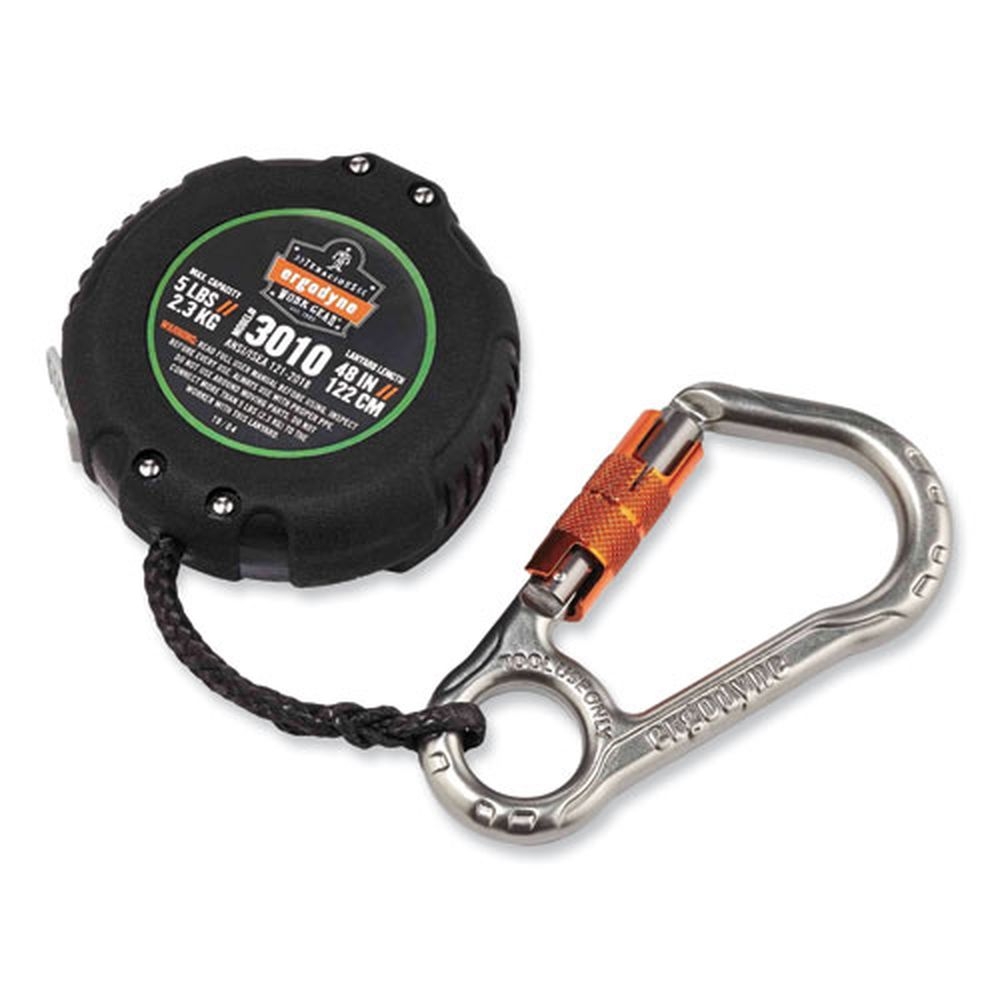 ergodyne Squids 3010 Black 48 inch Retractable Lanyard with Locking Carabiner Plus Belt Clip, 5 Pound Max Work Capacity