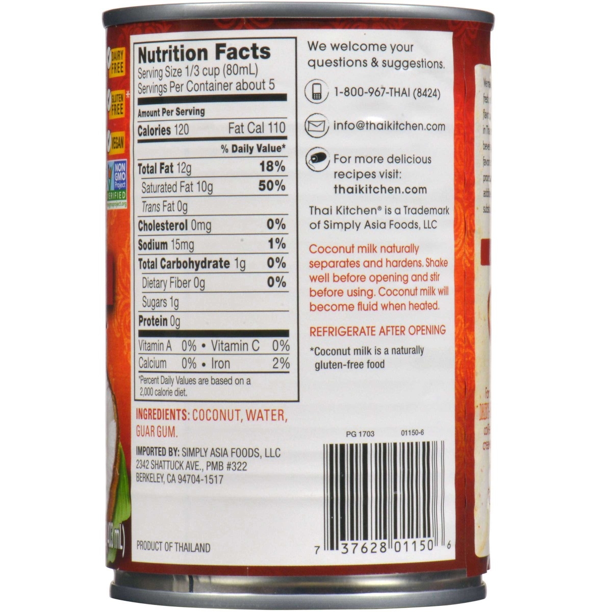 Thai Kitchen Coconut Milk, 13.66 Fluid Ounce -- 24 per case.