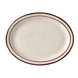 Vertex China Caravan Brown Speckled Double Band Undecorated American White Narrow Rim Oval Platter, 11 1/2 inch -- 12 per case.
