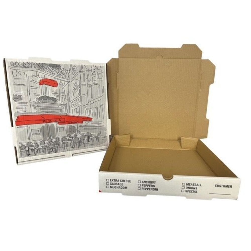 Nemco White / Kraft B Flute White Print Pizza Cafe Box, 16 x 16 x 2 inch -- 50 per case