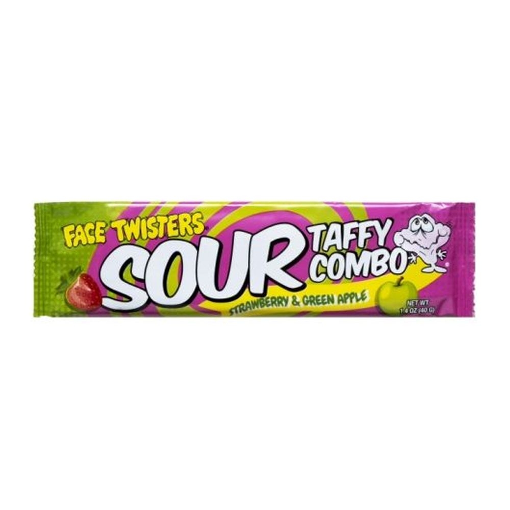 Face Twisters Strawberry and Green Apple Sour Taffy Combo Bar, 1.4 Ounce -- 48 per case
